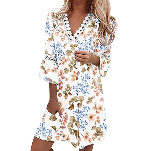 2022 Women's Summer Floral Bohemian Mini Dress - Ethnic Style Lace Trim V-Neck Three Quarter Sleeves Swing Dress for Casual Wear (Blue, XL) | Perfect for Beach Vacations, Music Festivals & Summer Parties