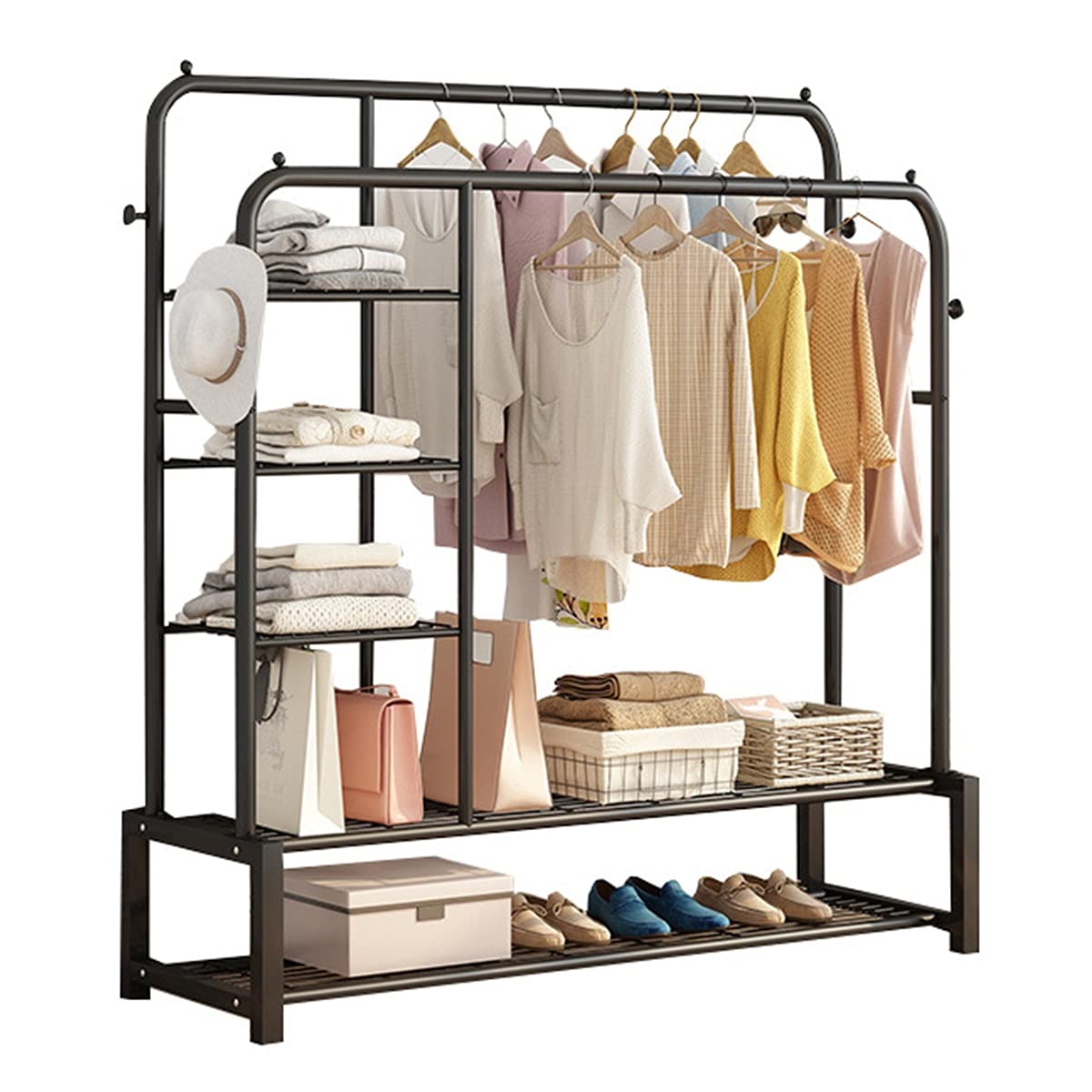 Heavy Duty Double Pole Metal Garment Rack with 2-Tier Storage Shelves - Space Saving Rolling Closet Organizer for Bedroom, Laundry Room & Commercial Use