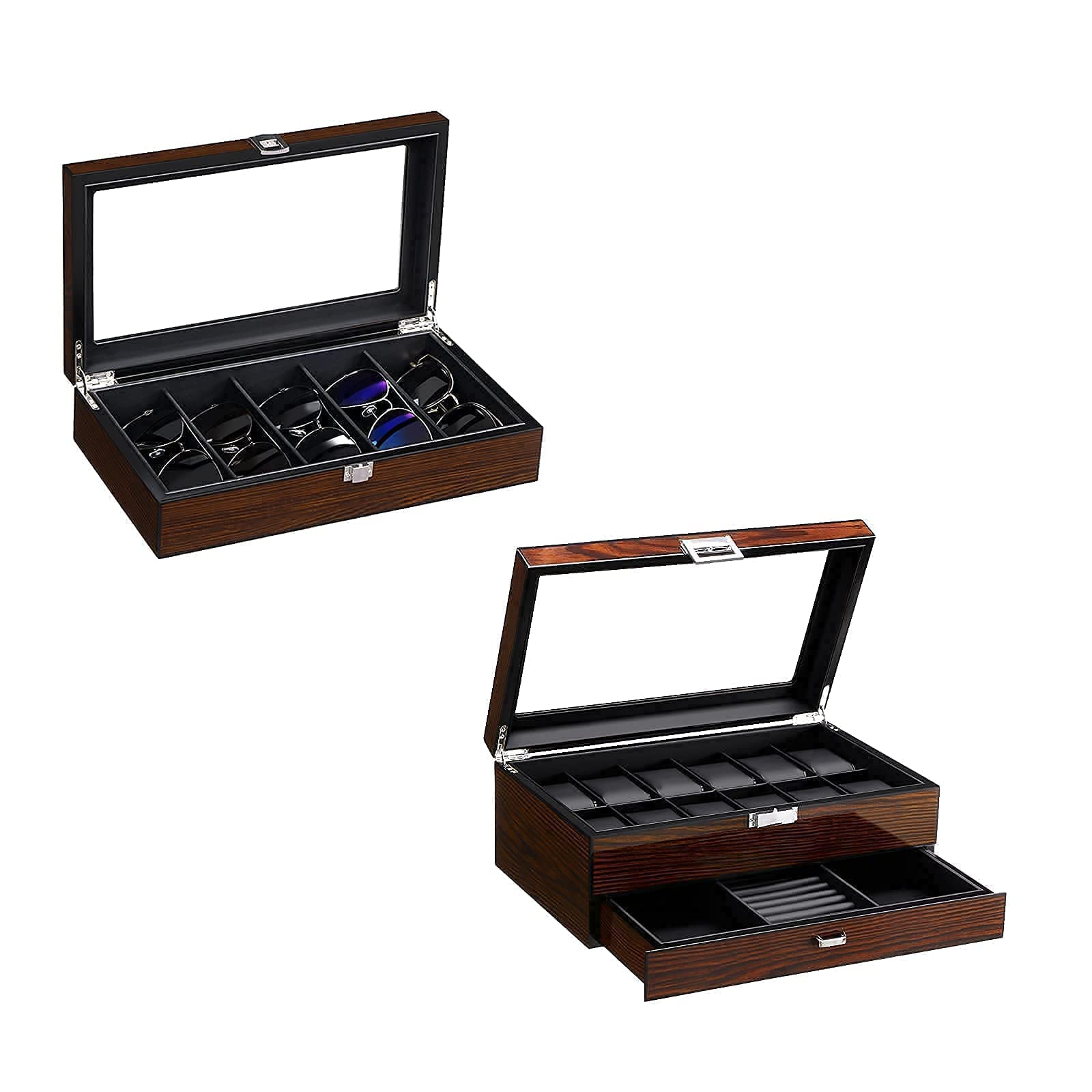 BEWISHOME 12-Slot Luxury Watch Box with Valet Drawer & 5-Slot Sunglasses Organizer - Premium Watch Display Case for Men & Women - Perfect for Jewelry Storage, Travel & Gift Giving