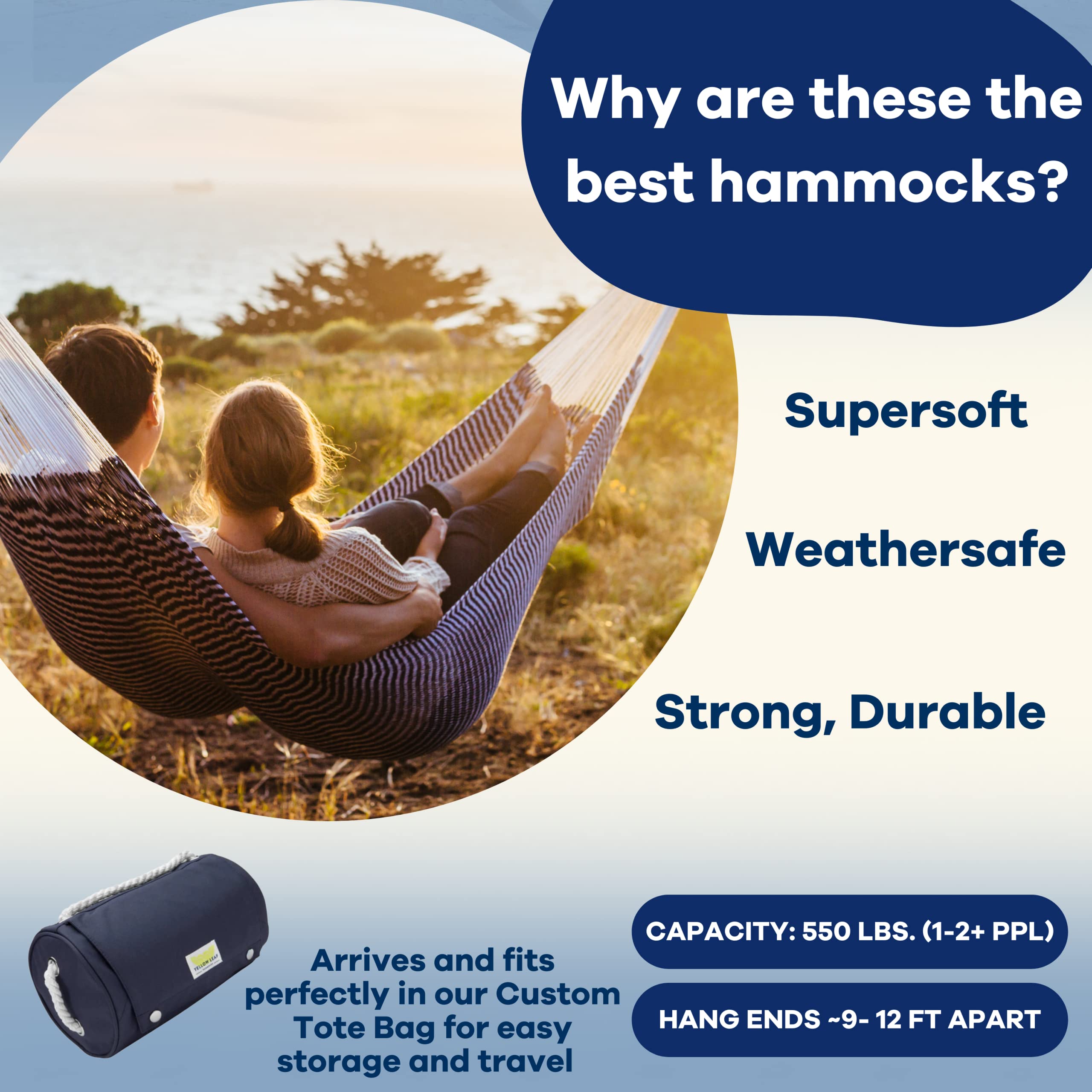Premium Handwoven Hammock by Yellow Leaf Hammocks - Family Size for 2+ People (550lb Capacity) - Weatherproof & Ultra Durable - Easy Setup & Super Soft - Artisan Crafted Stripe Navy Blue & White - Perfect for Backyard, Beach, Camping & Outdoor Relaxation