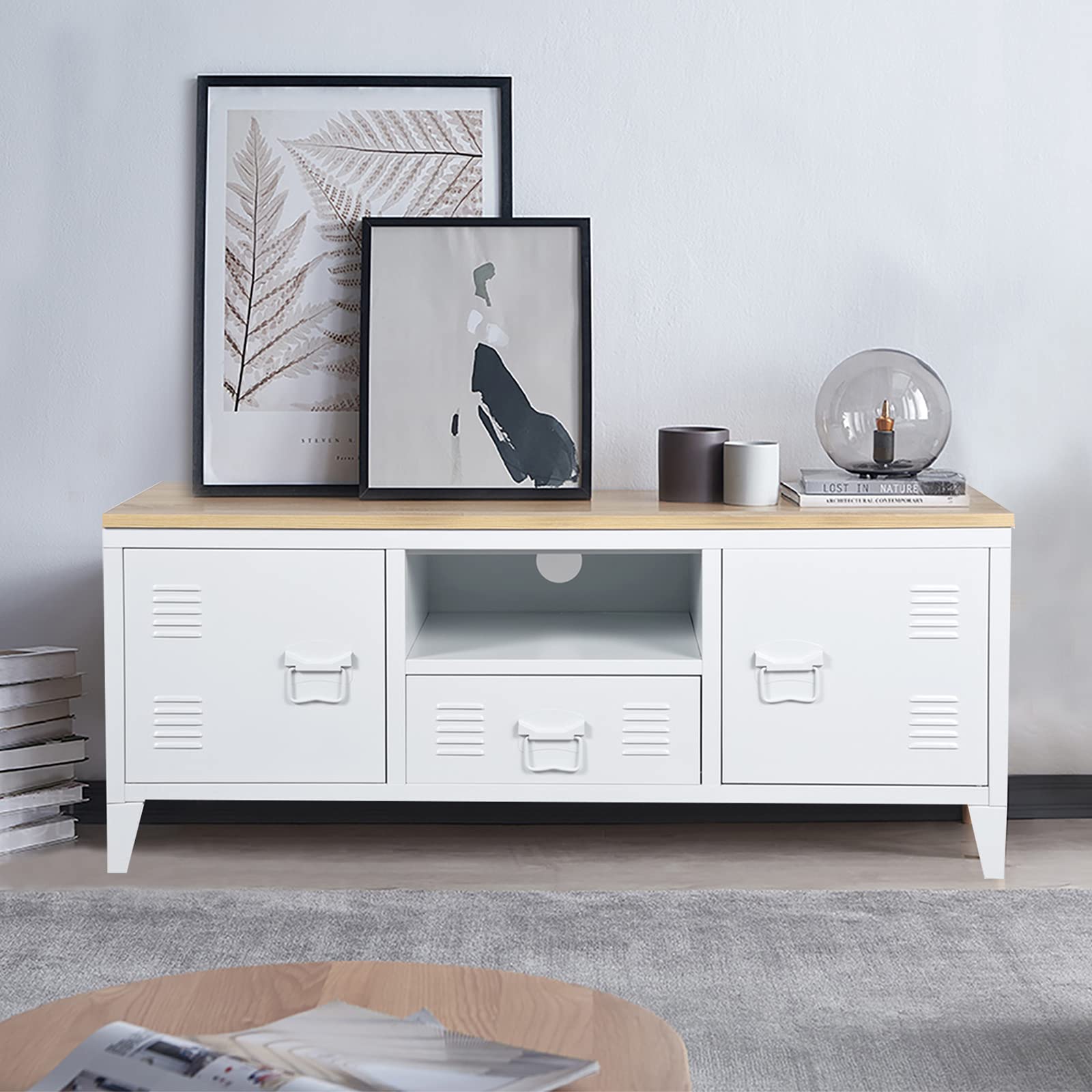Mid-Century Modern Coffee Table with Hidden Storage - Solid Wood Top & Sturdy Iron Base Sofa Console Table with Metal Cabinets - White 47