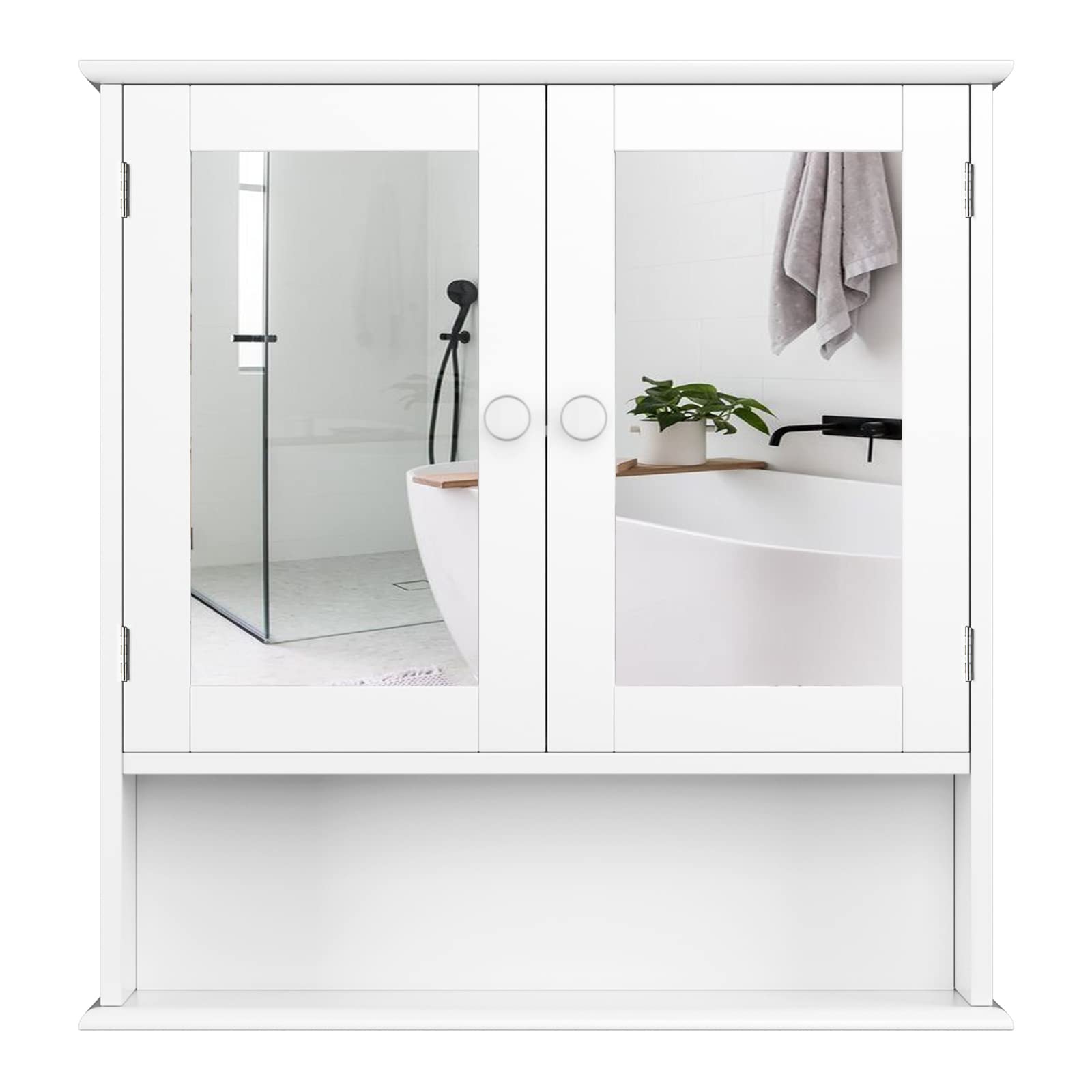 White Wooden Wall Cabinet with Double Mirror Doors - Adjustable Shelf Bathroom Medicine Cabinet for Storage, Laundry Room & Kitchen - Perfect for Organizing Toiletries, Cleaning Supplies & Kitchen Essentials