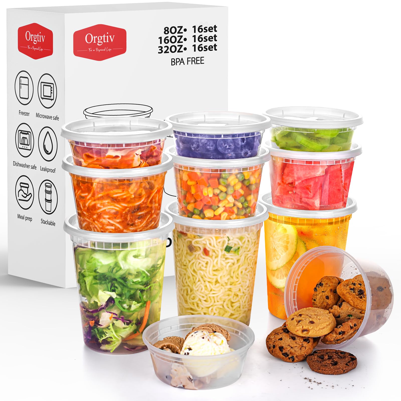 48-Pack 8oz, 16oz, 32oz Plastic Deli Containers with Lids - Airtight Freezer & Food Storage Containers, BPA-Free Disposable Takeout Cups for Soup, Slime, Meal Prep, Leftovers - Perfect for Restaurants, Catering & Home Kitchen Organization