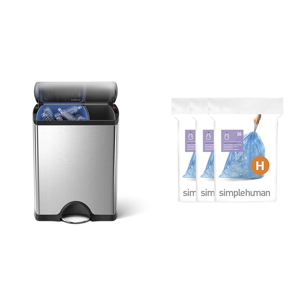 SimpleHuman 46L / 12.2G Rectangular Dual Compartment Step Trash Can with Code H Drawstring Recycling Bags (30-35L/8-9G, Blue, 60 Count) - Perfect for Kitchen Waste Sorting & Eco-Friendly Home Recycling