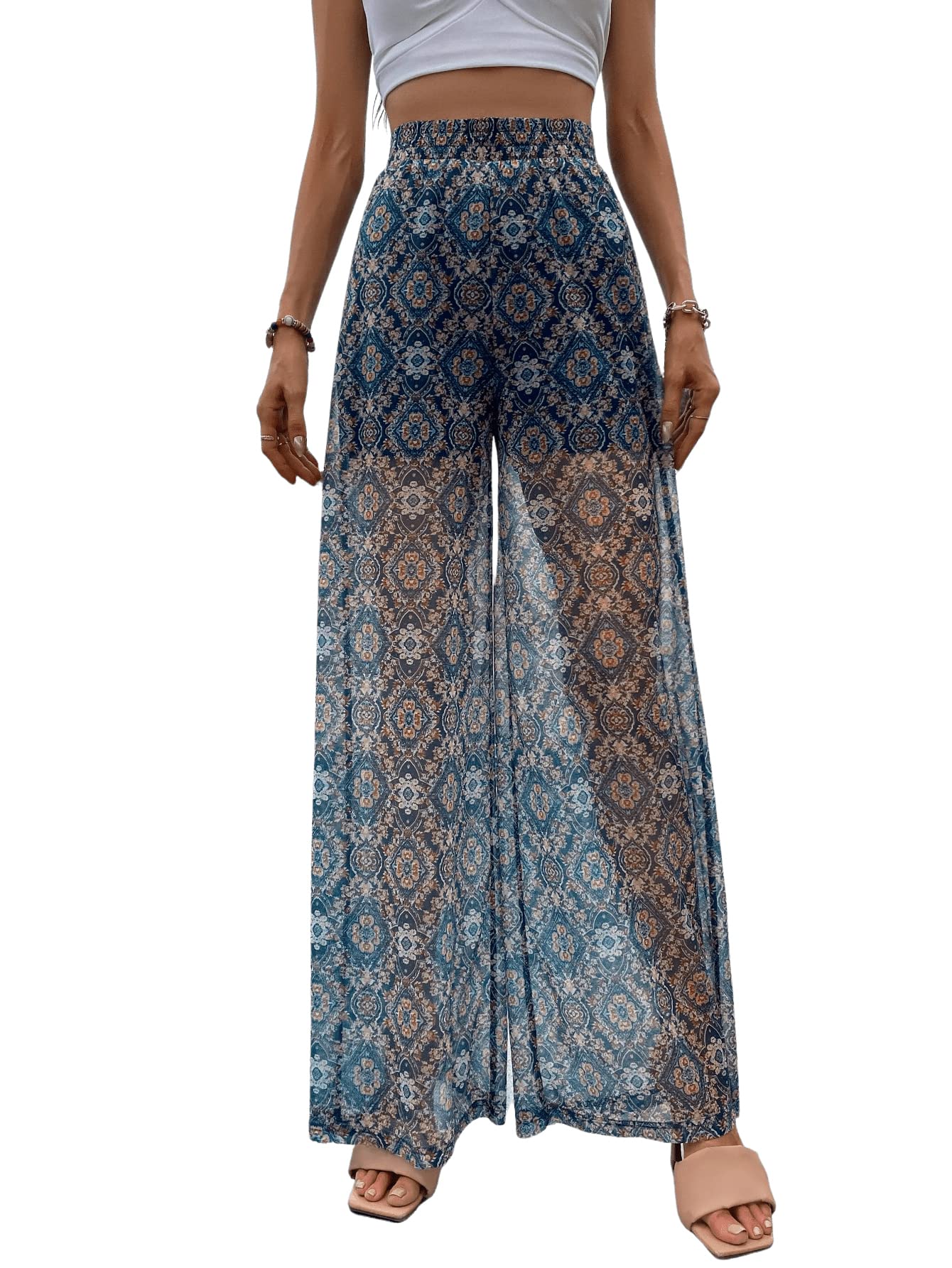 SweatyRocks Women's Boho Floral Wide Leg Pants - Elastic Waist Loose Mesh Trousers for Casual Wear, Summer Outfits & Beach Vacations