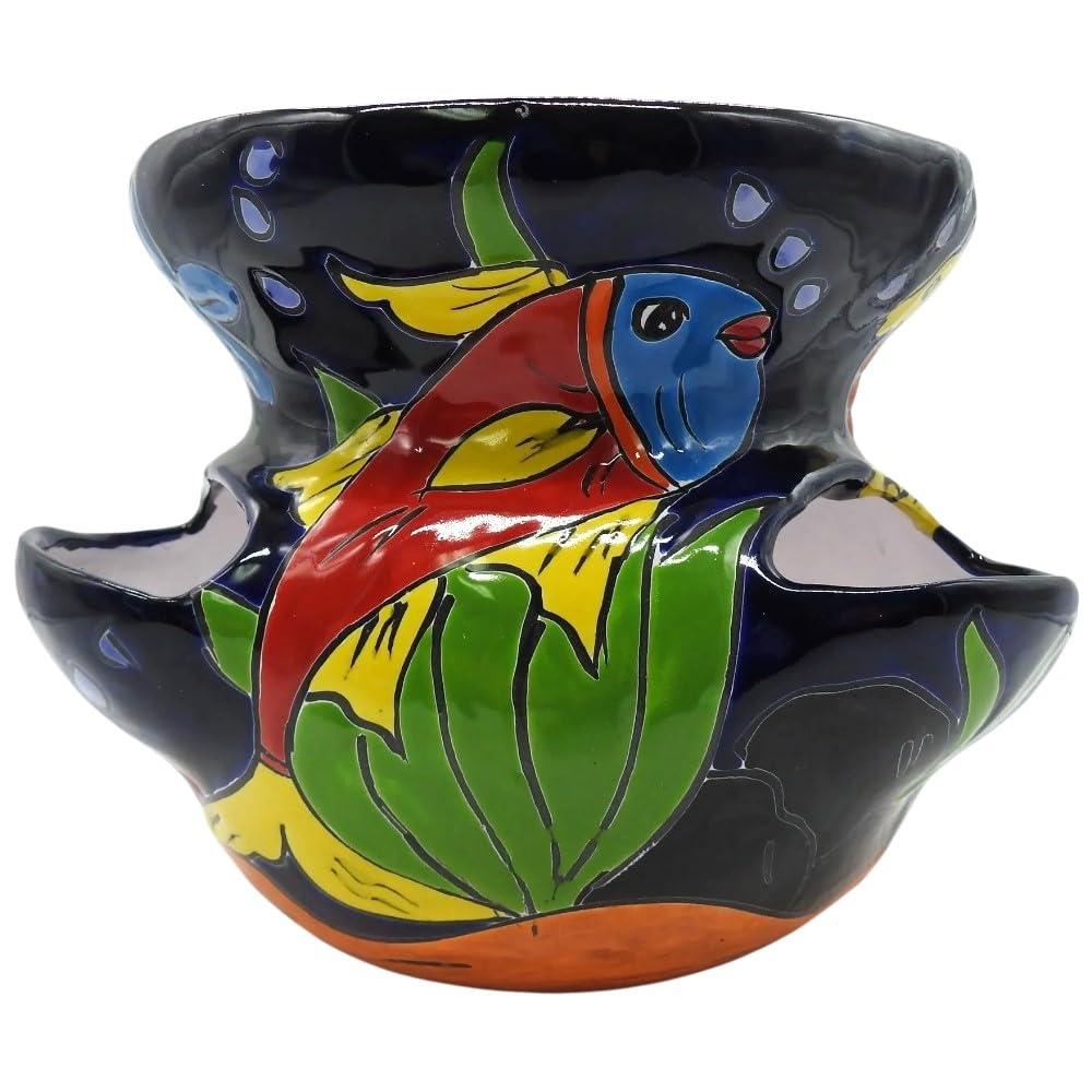 Hand Painted Small Strawberry Planter Pot - Glazed Dark Blue Fish Design for Indoor & Outdoor Plants - Perfect for Home Garden, Patio Decor, and Gift Ideas