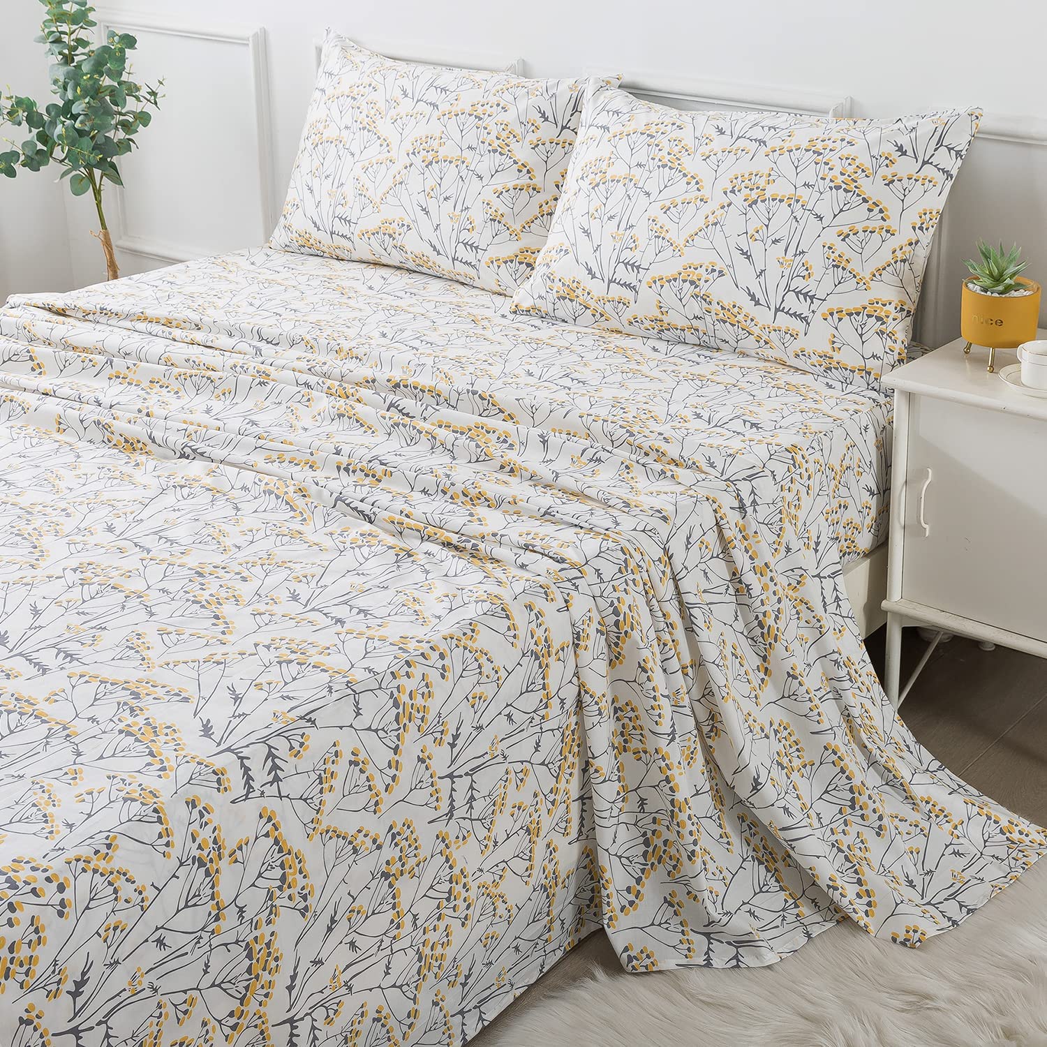 FADFAY 600 Thread Count California King Sheets Set - Soft Breathable Cotton Botanical Printed Bedding with Deep Pocket (17.5