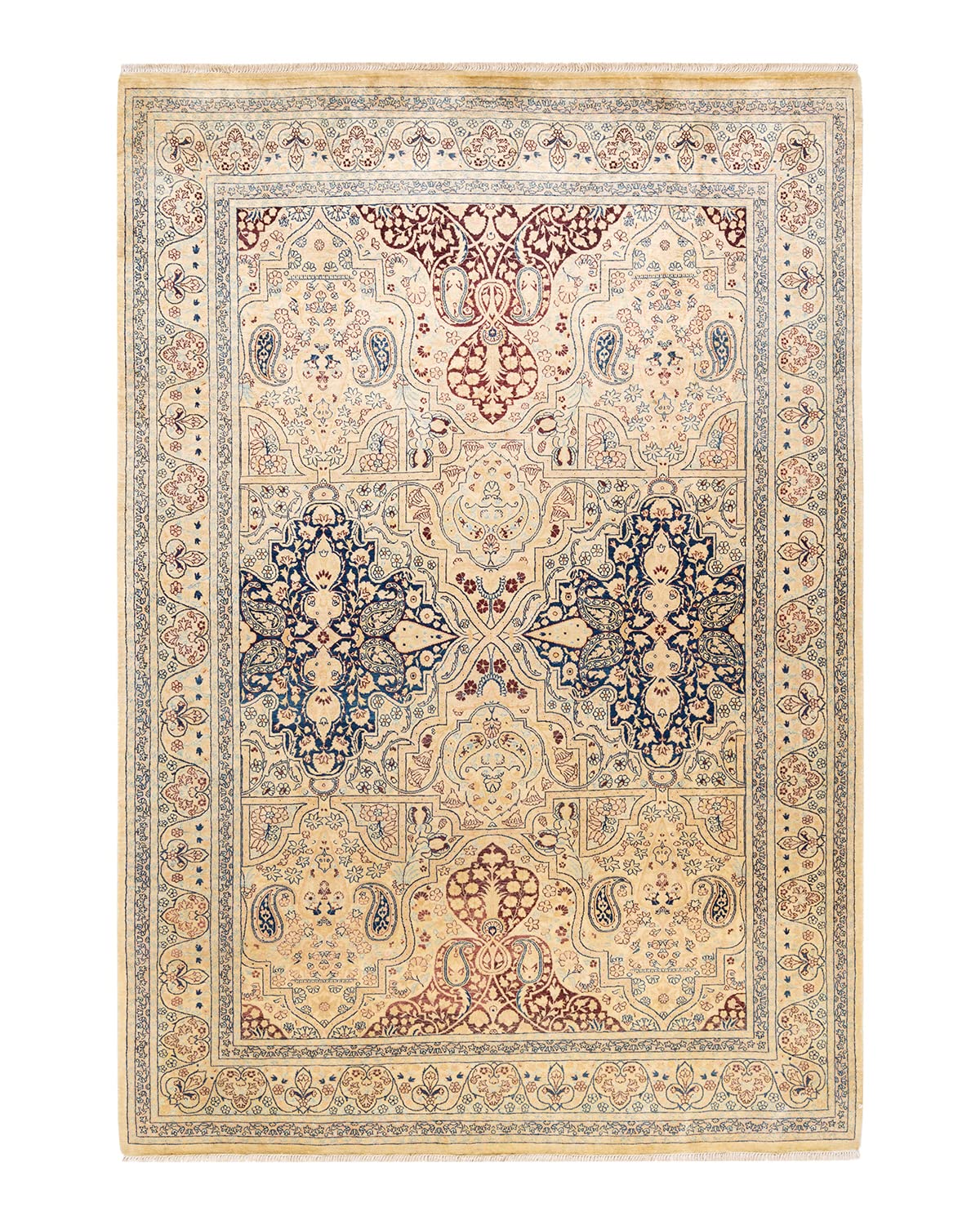 Handmade Wool Traditional Floral Mogul Ivory 6x9 Area Rug - Solo Rugs One of a Kind Hand Knotted - Perfect for Living Room, Bedroom & Home Decor