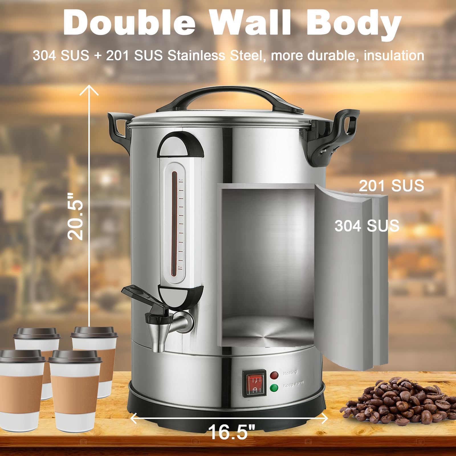 155-Cup Commercial Electric Coffee Percolator & Hot Water Dispenser - Dual Layer Stainless Steel Coffee Urn for Restaurants, Catering, Church Events & Office Coffee Breaks | Large Capacity Coffee Maker for Bulk Brewing & Serving