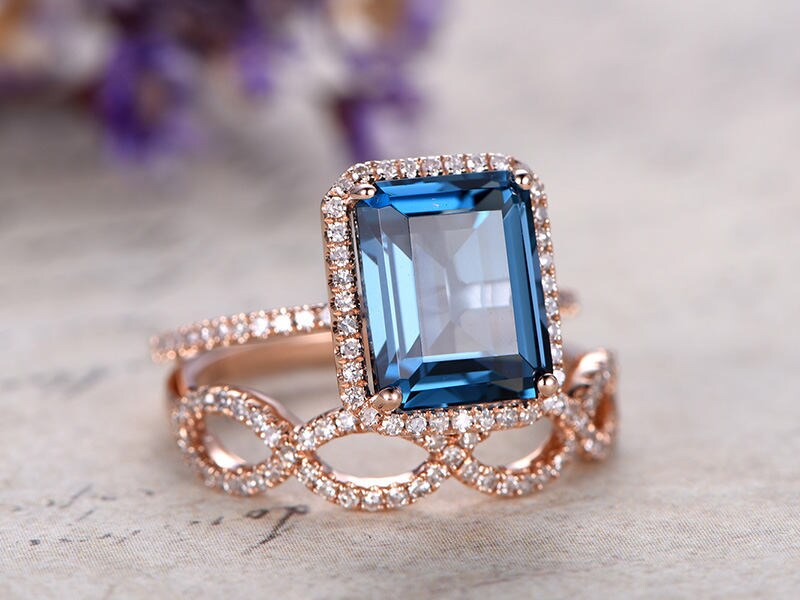 London Blue Topaz & Diamond Engagement Ring Set - 14K Rose Gold Wedding Band - 8x10mm Emerald Cut Custom Fine Jewelry - Prong Setting - Perfect for Proposals, Anniversaries & Bridal Jewelry