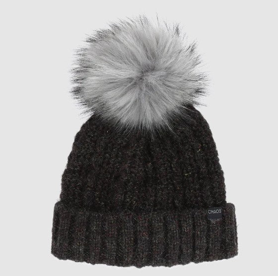 Aria Pom Beanie for Women - Soft Winter Knit Hat with Faux Fur Pom - Black - Perfect for Cold Weather & Outdoor Activities