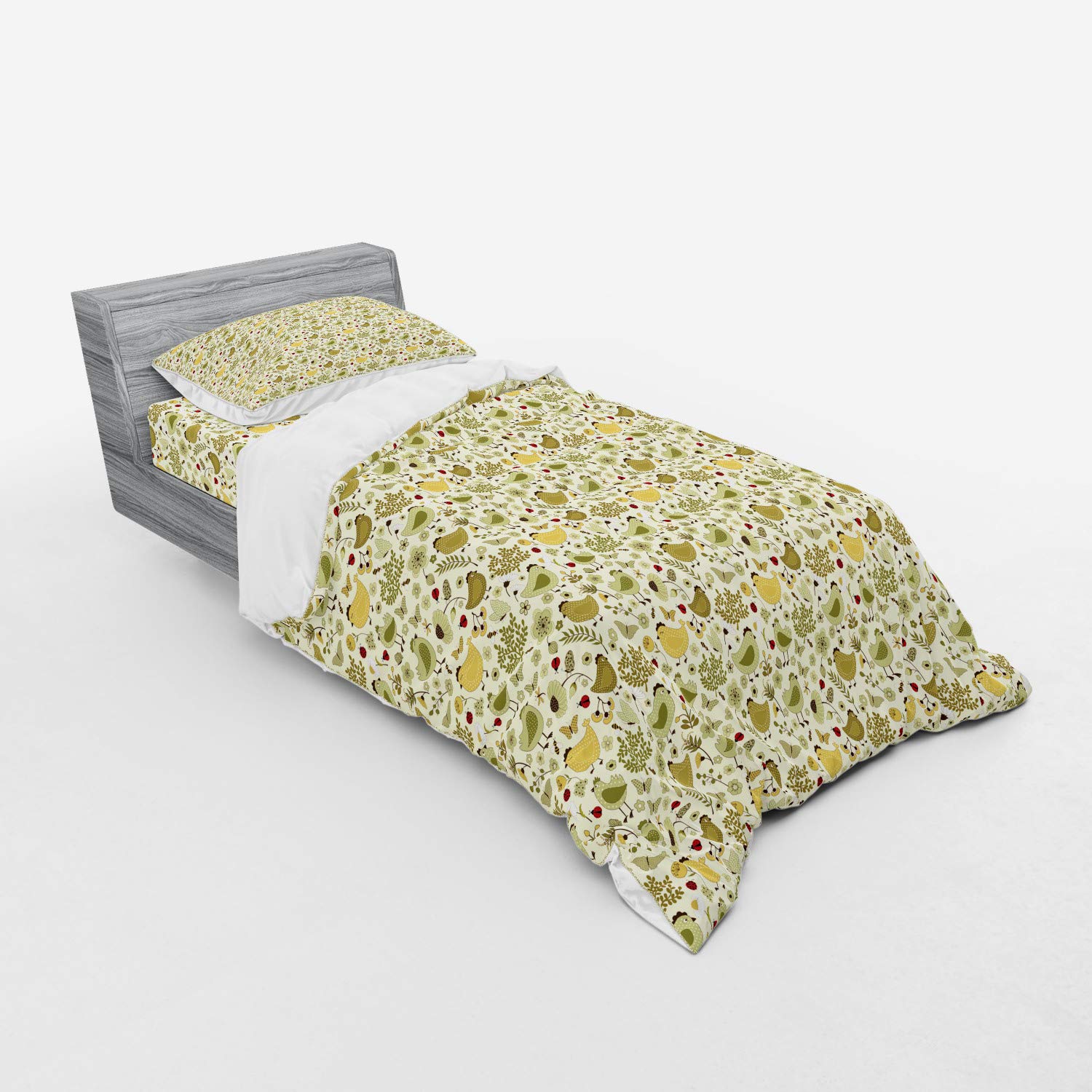 Ambesonne Spring Bedding Set - Chicken, Ladybug & Bees Nature Design on Polka Dot Background | 3-Piece Duvet Cover Set with Pillow Sham & Fitted Sheet | Twin Size in Green Khaki | Perfect for Kids' Rooms, Spring Decor & Nature-Themed Bedrooms