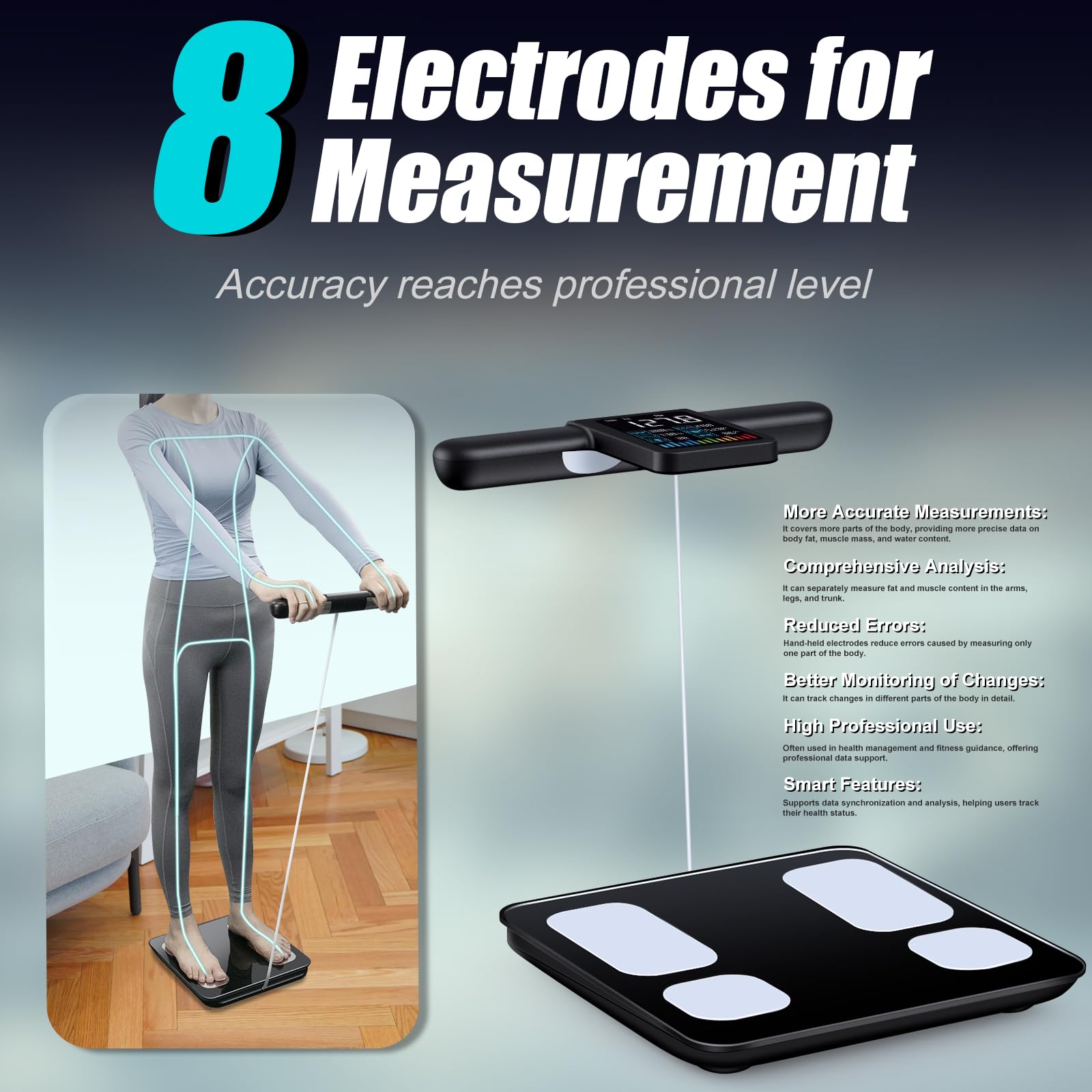 Smart Digital Body Fat Scale with 8 Electrodes - Measures BMI, Body Fat, Muscle Mass & 28 Body Composition Metrics | High Precision Rechargeable Scale with Color VA Display for Home Gym, Weight Loss & Fitness Tracking