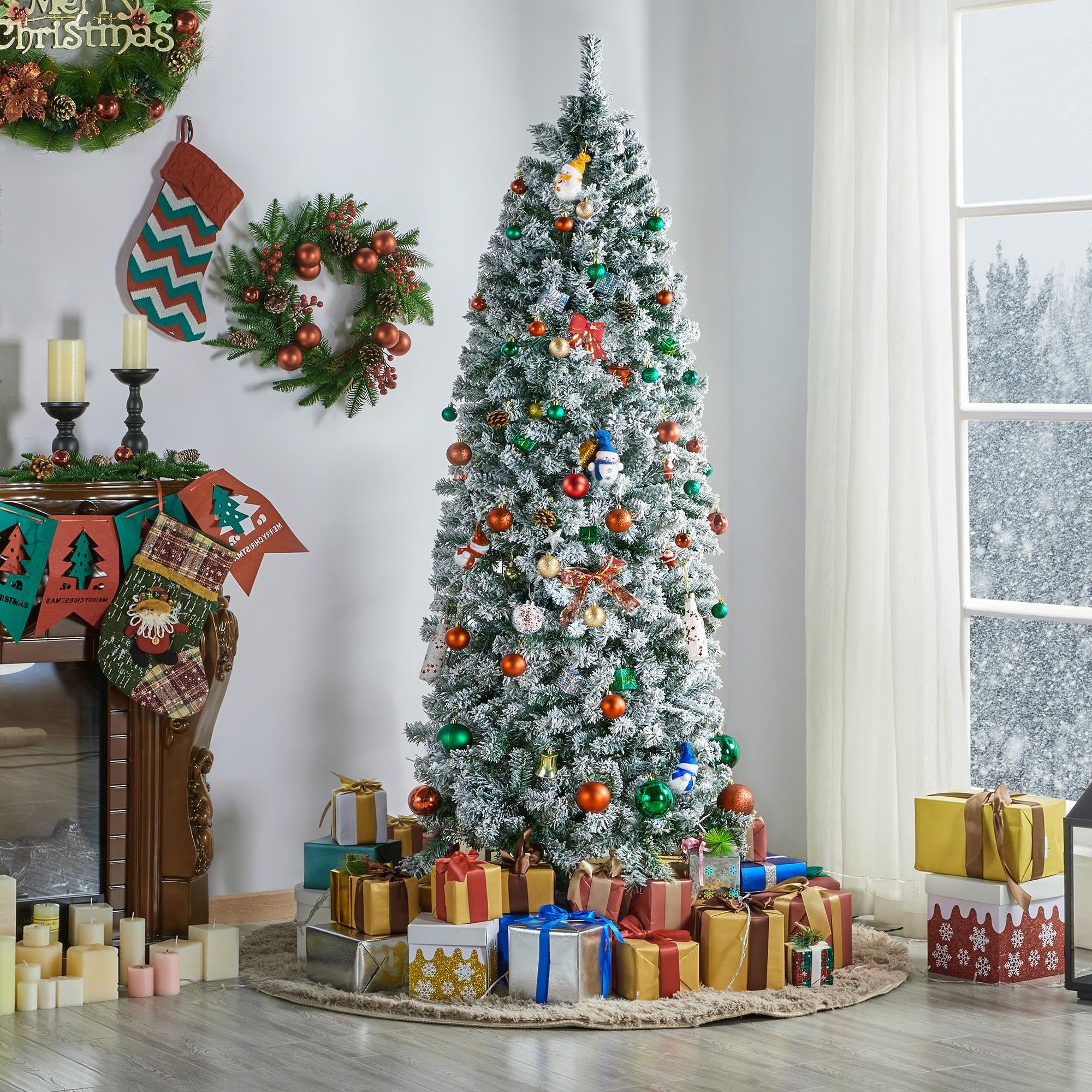 Yaheetech 6ft Pre-lit Snow Flocked Pencil Christmas Tree - Slim Hinged Artificial Fir with 250 Warm White Lights & 814 Snow Tips - Perfect for Small Spaces, Apartments, Office & Holiday Corner Decorations
