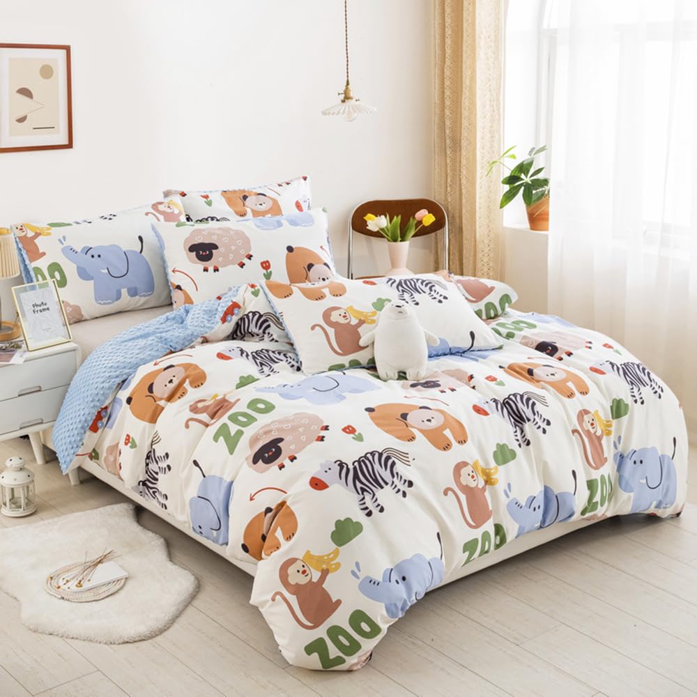 Mengersi 100% Cotton Reversible Duvet Cover Set - Soft Velvet Fluffy Bedding for Kids & Teens - Animal Print Twin Size Comforter Cover - Cozy Winter Bedding for Boys & Girls Bedroom Decor