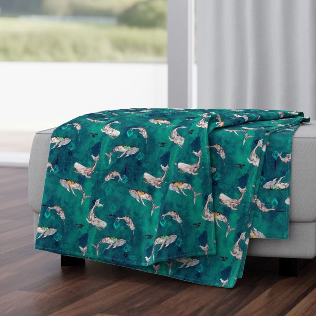 Whale Small Teal Narwhal Tribal Boho Print Plush Minky Throw Blanket 50