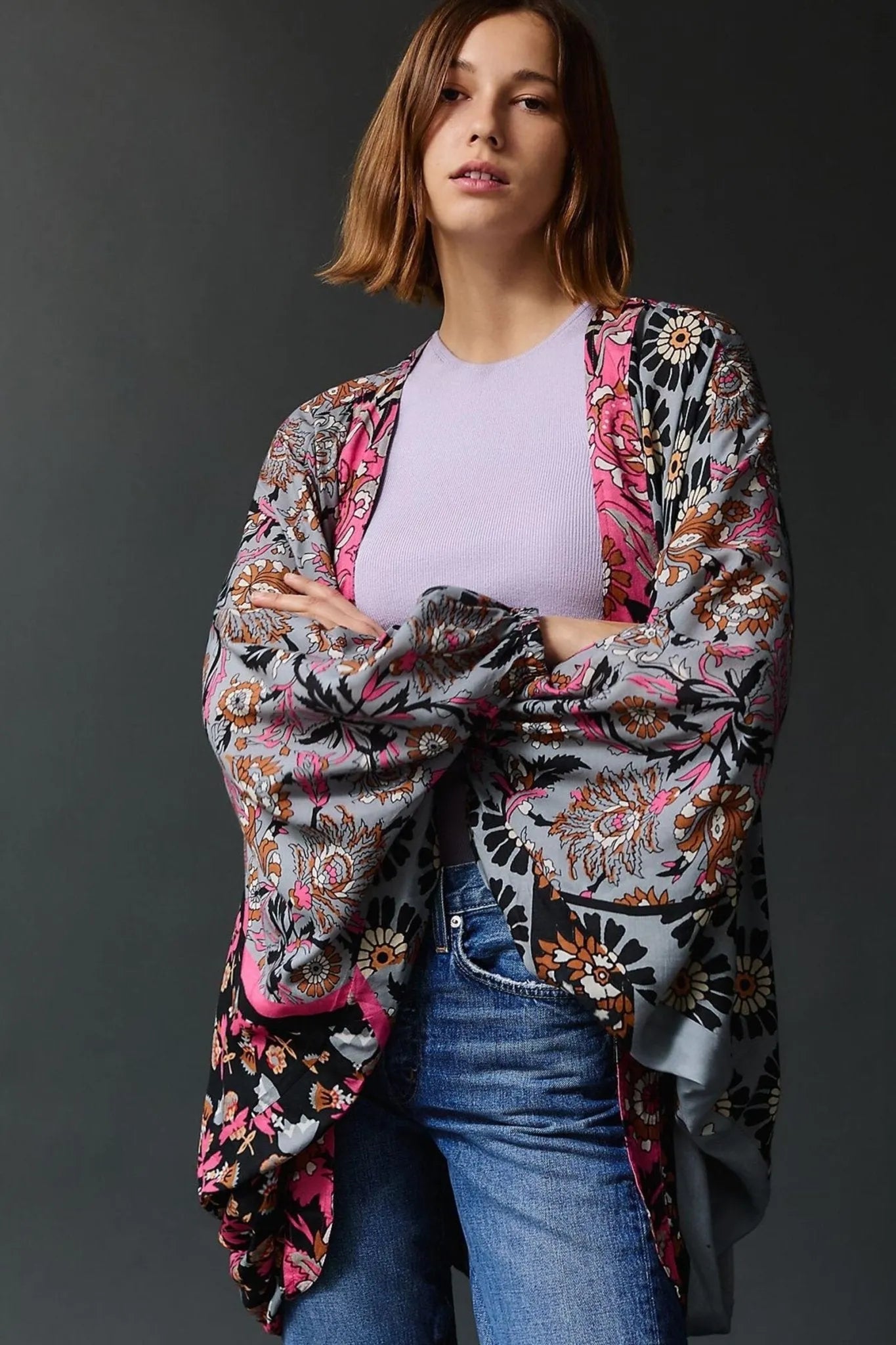 Abstract Floral Kimono Short Sleeve Robe - Lightweight Summer Cover Up for Women, Beachwear, Loungewear, and Boho Fashion
