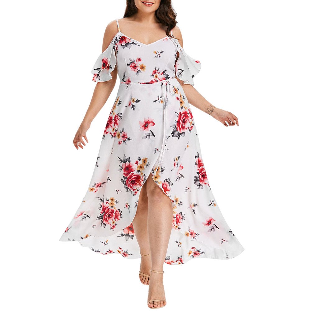 RKSTN Plus Size Floral Summer Dresses for Women - V-Neck Short Sleeve Sundress, Empire Waist Ball Gown - Perfect for Beach Vacations, Garden Parties & Casual Outings