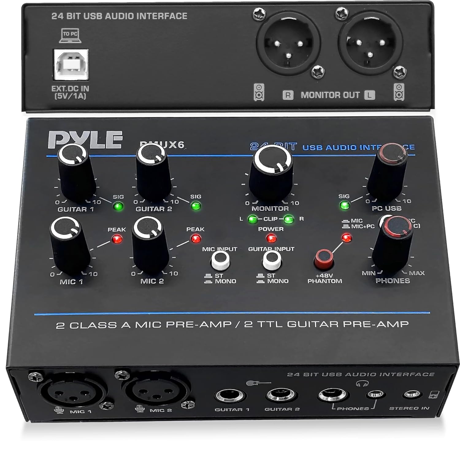 Pyle Professional USB Audio Interface with MIC, Guitar, AUX Stereo Inputs, Phone/Monitor Outputs - Compact Metal Housing for Computer Recording, Podcasting & Live Streaming (Model PMUX6) | Perfect for Home Studios, Musicians & Content Creators
