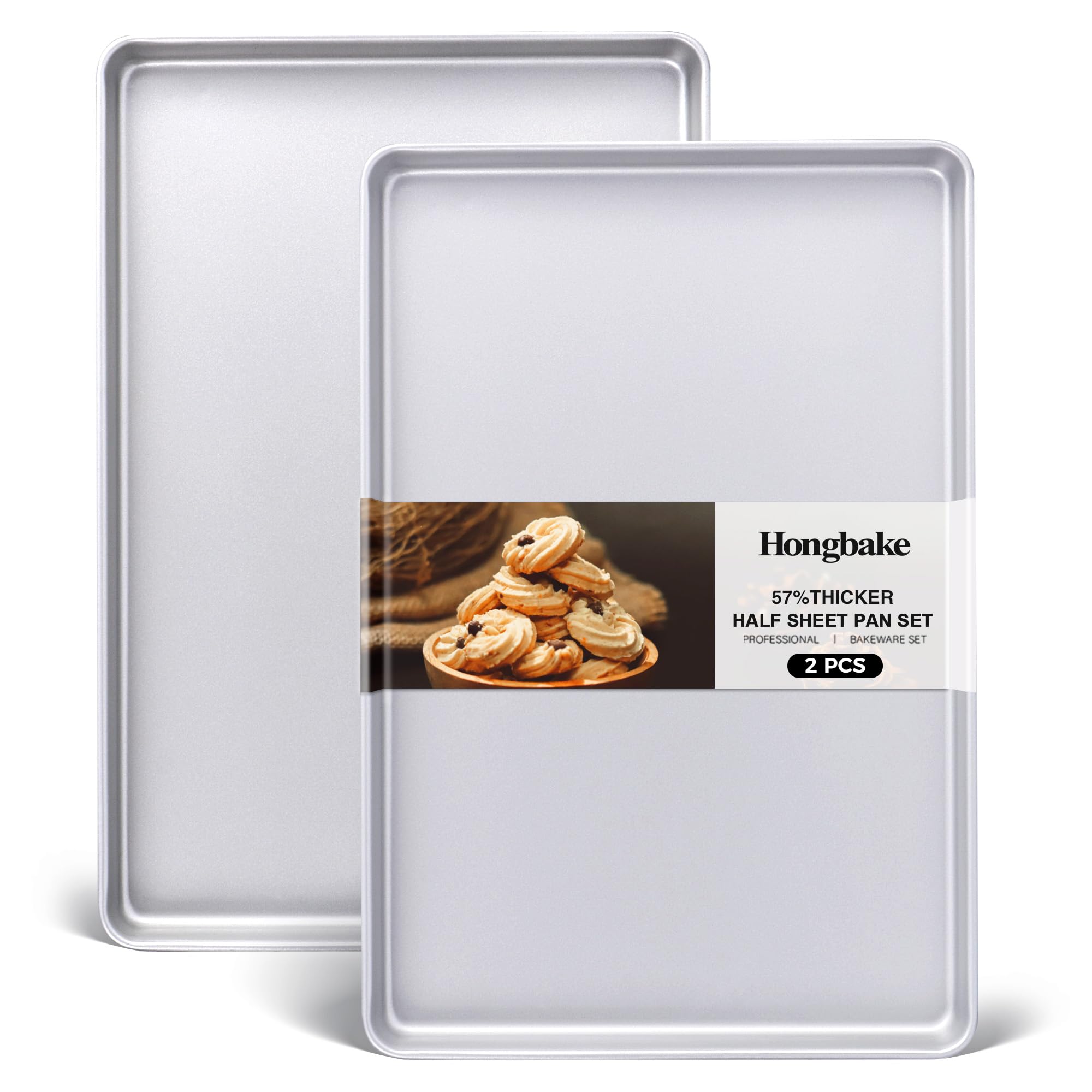 HONGBAKE 2-Pack Nonstick Half Baking Sheet Pan Set - Heavy Duty Commercial Cookie Trays for Oven, Dishwasher Safe, Silver | Perfect for Baking Cookies, Roasting Veggies & Meal Prep