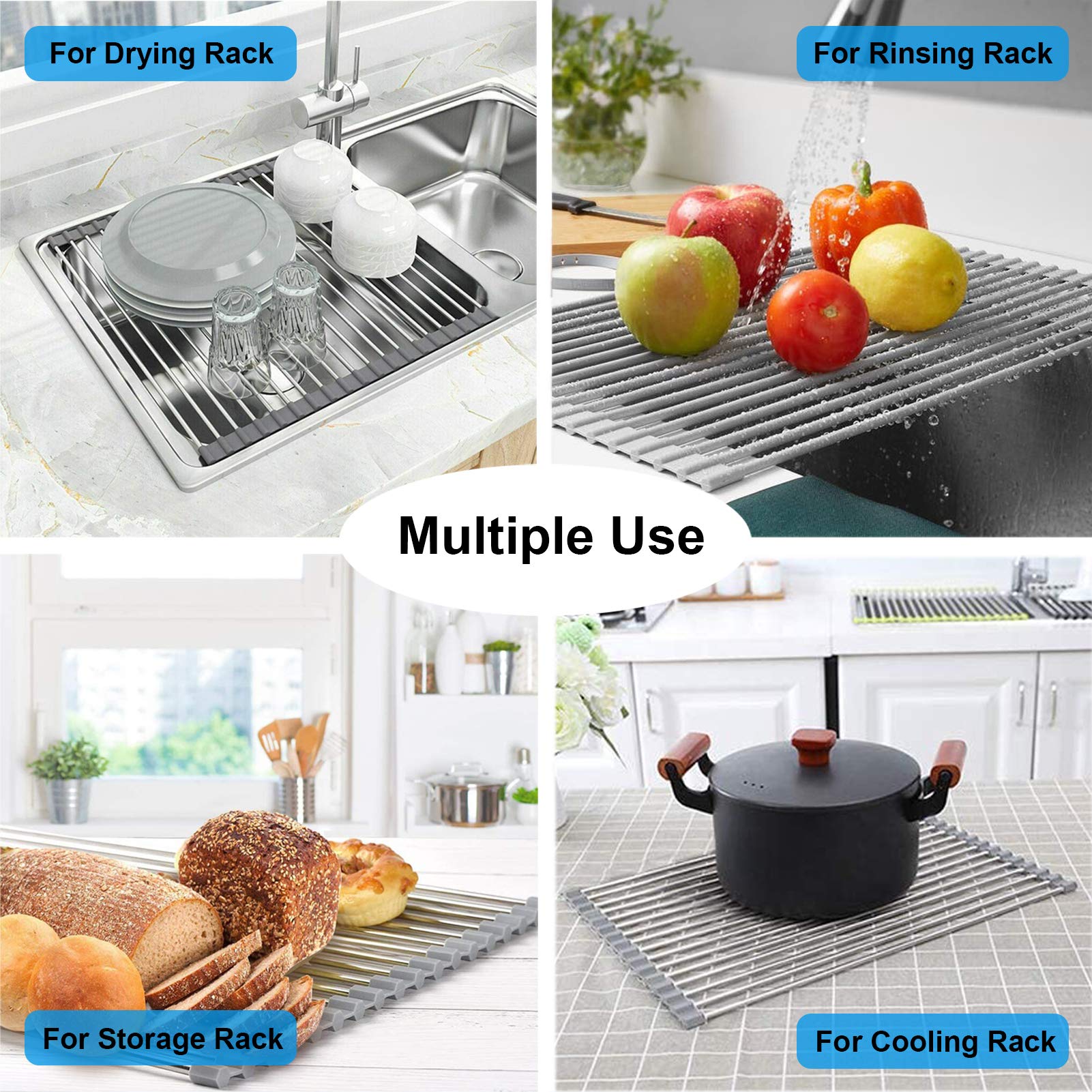 Searik Foldable Stainless Steel Dish Drying Rack - Over The Sink Space Saving Kitchen Organizer (20.5