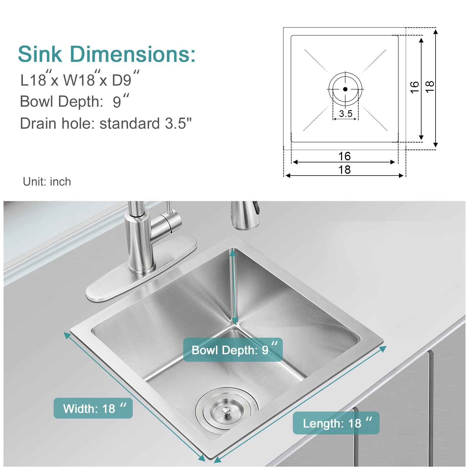 18 Inch Undermount Bar Sink - KINKIB 18x18x9 Inch Stainless Steel Single Bowl Prep Sink, T-304 Handmade Small Kitchen Sink with Strainer - Perfect for Wet Bars, Coffee Stations & Compact Kitchens