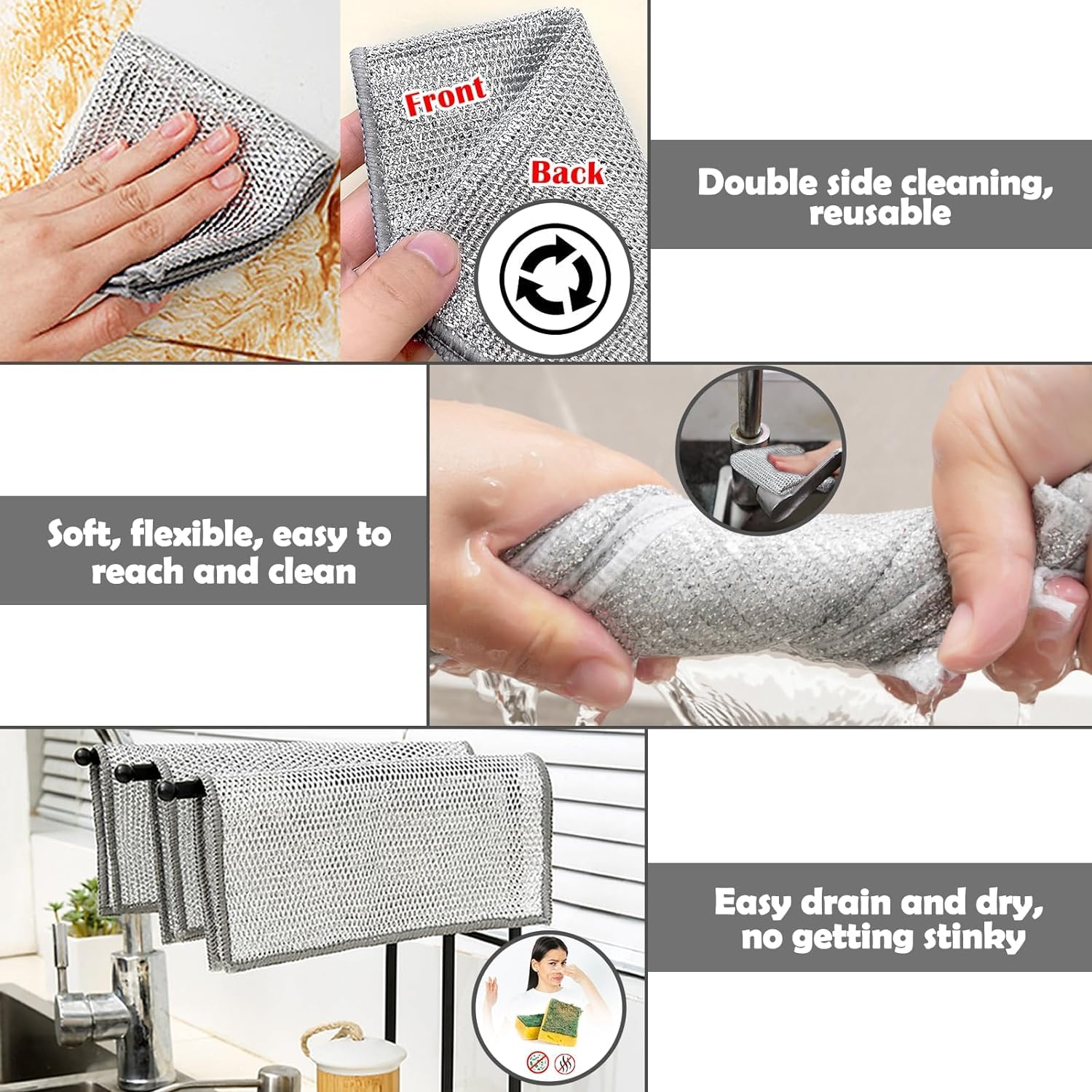 JAPP 5-Pack Non-Scratch Wire Dishcloths & Gap Cleaning Brushes - Reusable Multi-Purpose Scrub Pads for Wet/Dry Cleaning - Easy Rinse Kitchen Scouring Pads for Sinks, Pots, Pans & Stovetops - Perfect for Tough Grease, Stains and Hard-to-Reach Areas