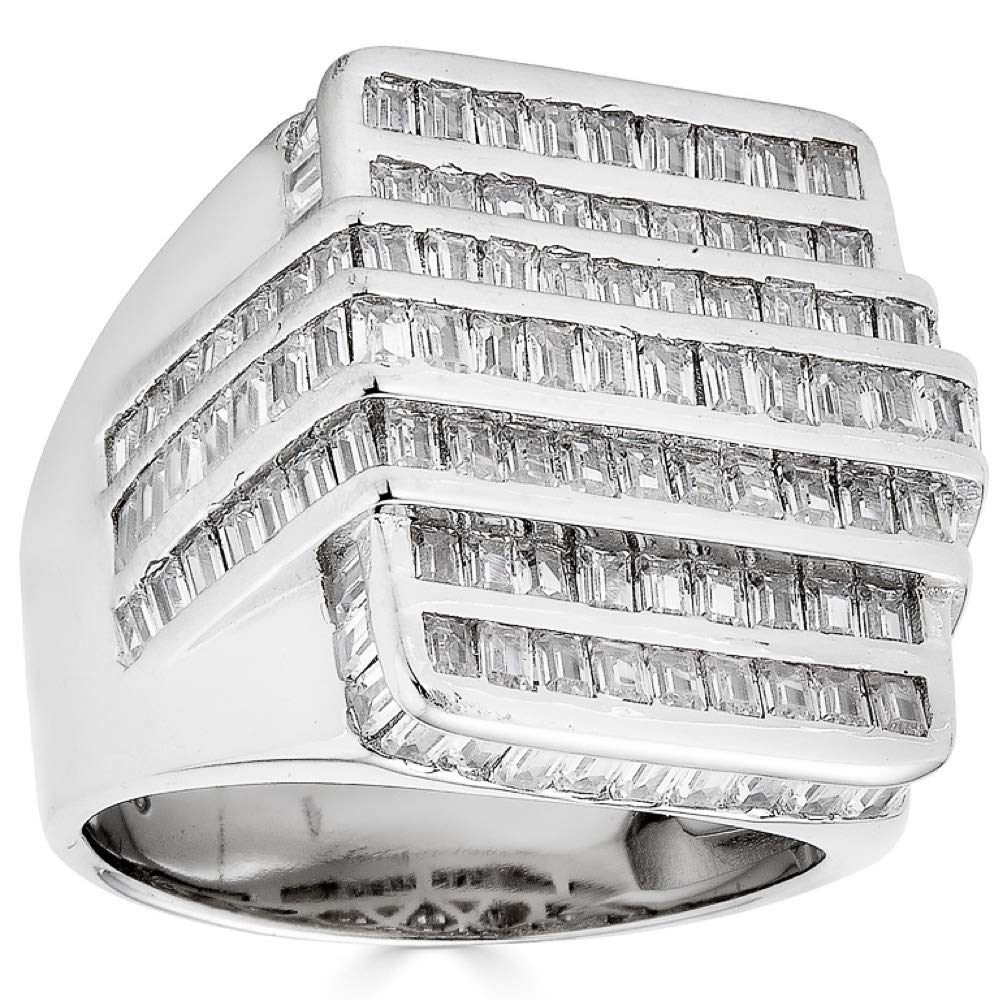 Real Solid 925 Sterling Silver Men's Large Hip Hop Ring with Baguette Diamonds - Iced Out Bling Ring for Pinky or Ring Finger - Perfect for Rappers, Streetwear Fashion & Gift Giving