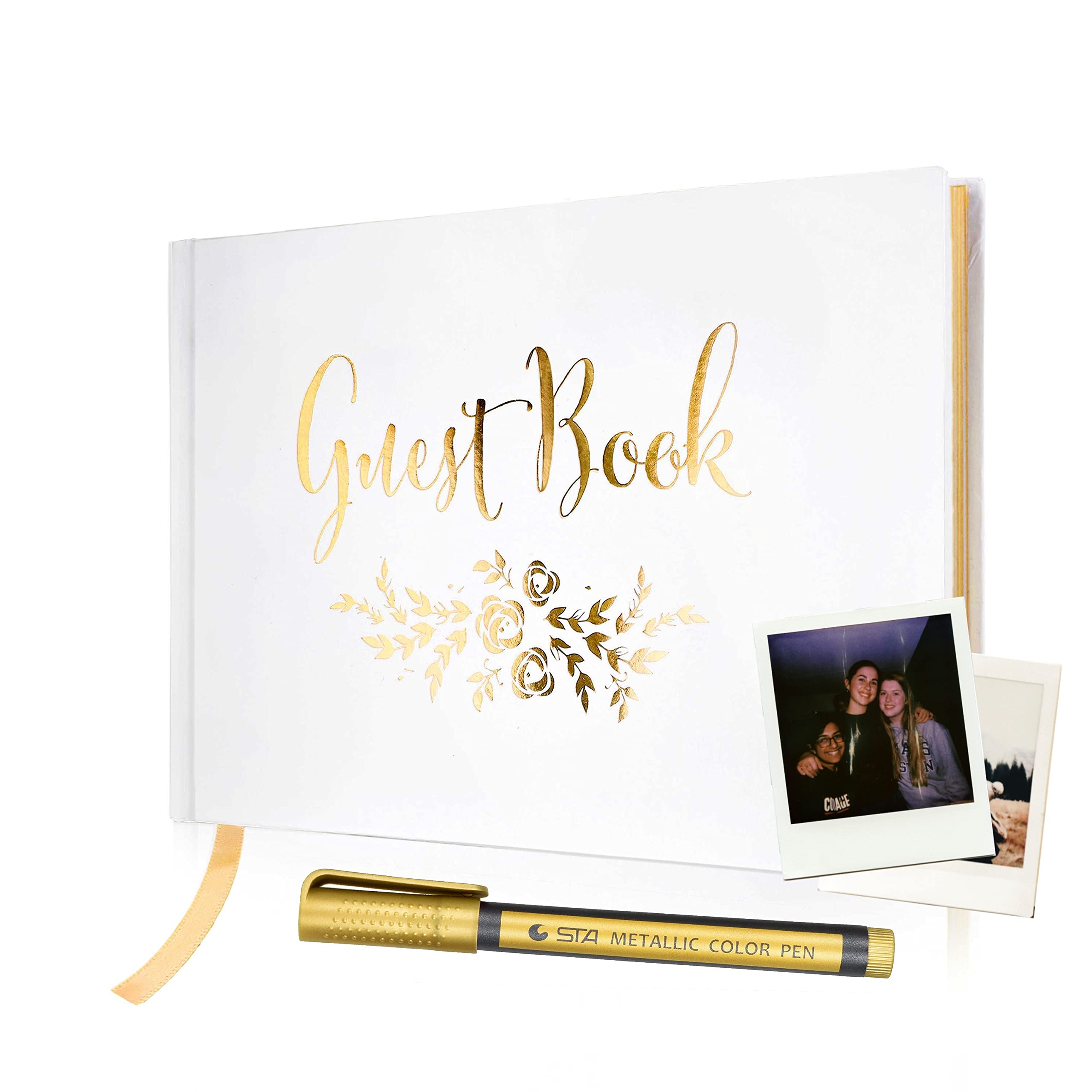Elegant Guest Book for Weddings, Baby Showers, Funerals & Vacation Homes - Timeless Keepsake with Polaroid Style, Gold Floral Design & Bookmark - 9