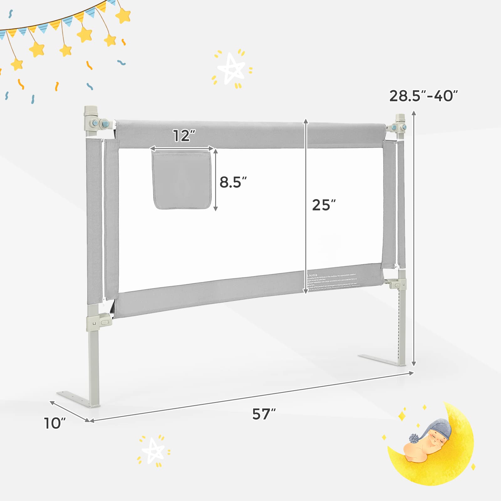 HONEY JOY 57-inch Extra Long Toddler Bed Rail - Portable Safety Guardrail with Side Pocket for Baby & Kids - Fits King, Queen, Full & Twin Size Mattresses (Gray) - Perfect for Travel, Home & Daycare Use