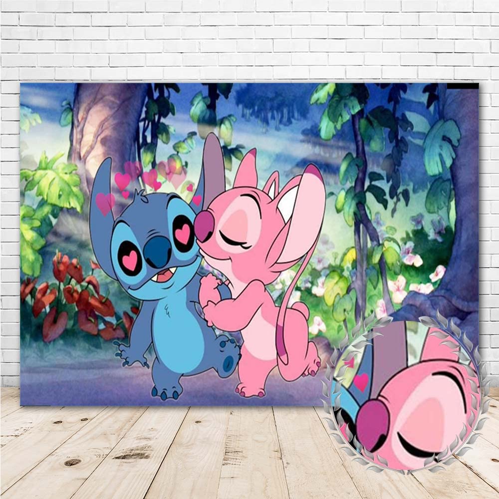 1st Birthday Valentines Theme Backdrop - 5x3ft Jungle Forest Stitch & Angel Vinyl Banner - Valentine's Day Decorations for Kids First Birthday Party - Perfect for Baby Shower, Photo Booth Background, and Birthday Party Decor