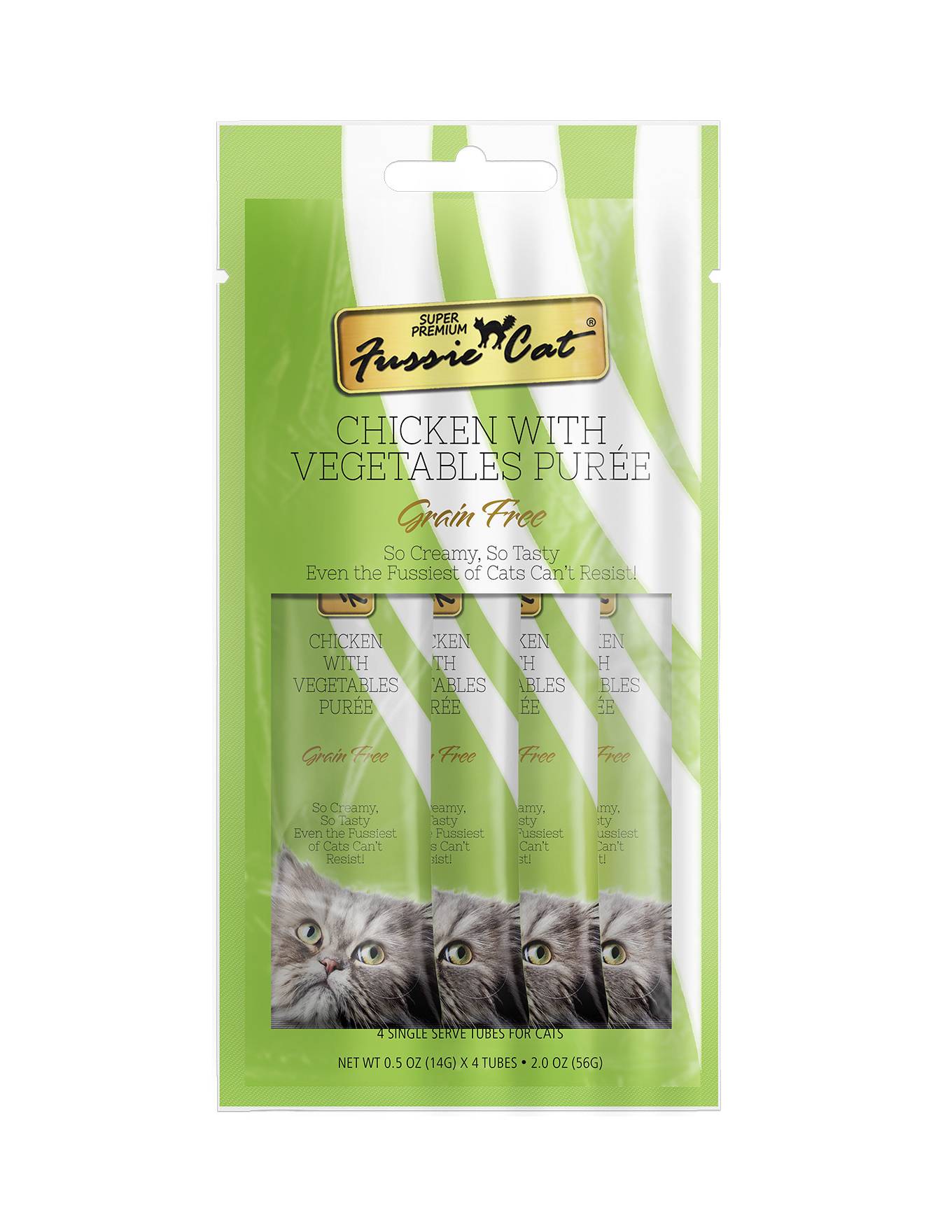 Premium Fussie Cat Puree Chicken & Vegetables Cat Treats - 14g x 4 Pack | Grain-Free, High-Protein Snacks for Adult & Senior Cats | Perfect for Training, Rewards & Bonding Time