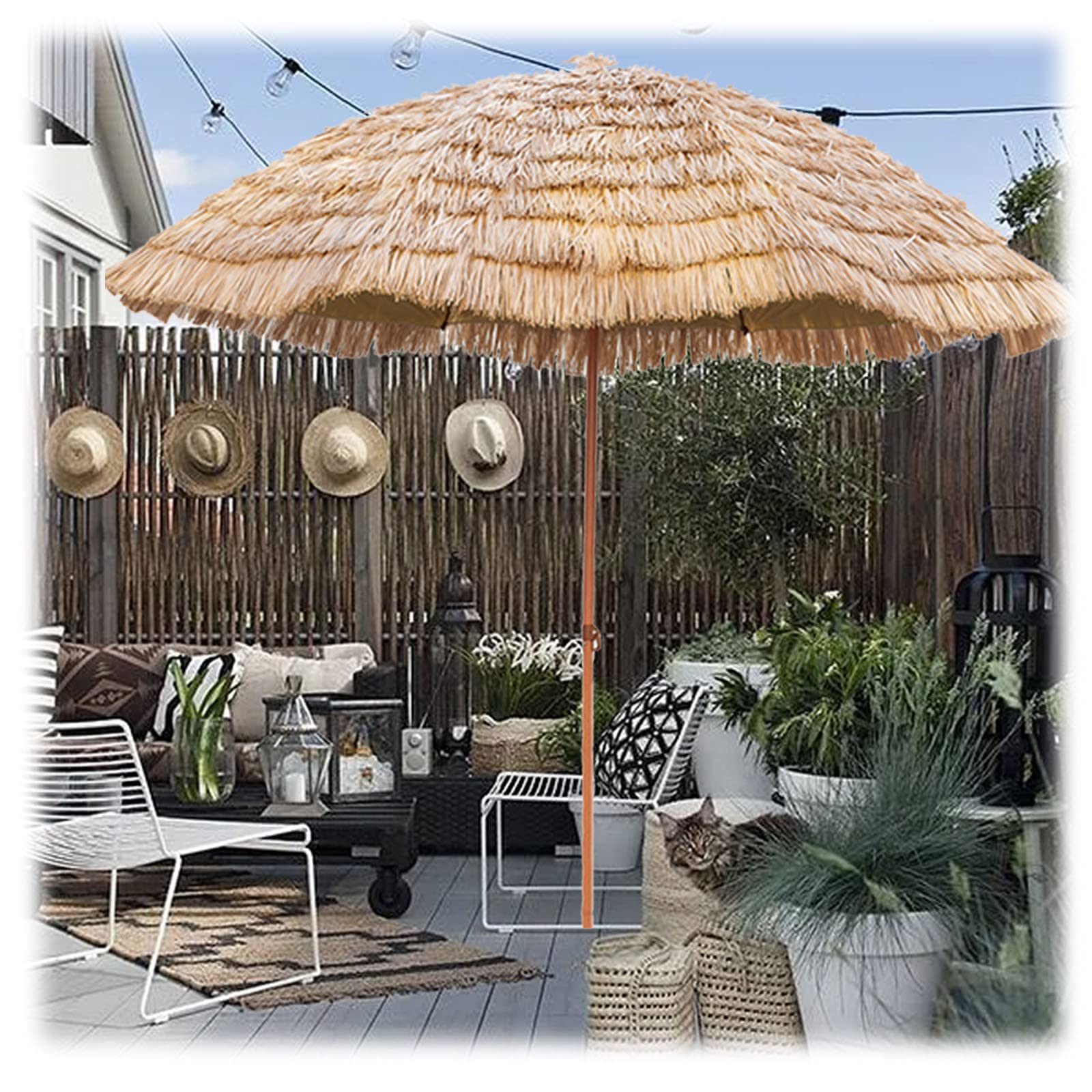 7.9 ft/2.4 m Outdoor Hawaiian Straw Parasol with Crank Handle - Natural Hula Thatch Umbrella for Garden, Beach, Terrace & Pool - Perfect for Patio Shade, Tropical Decor & Outdoor Relaxation