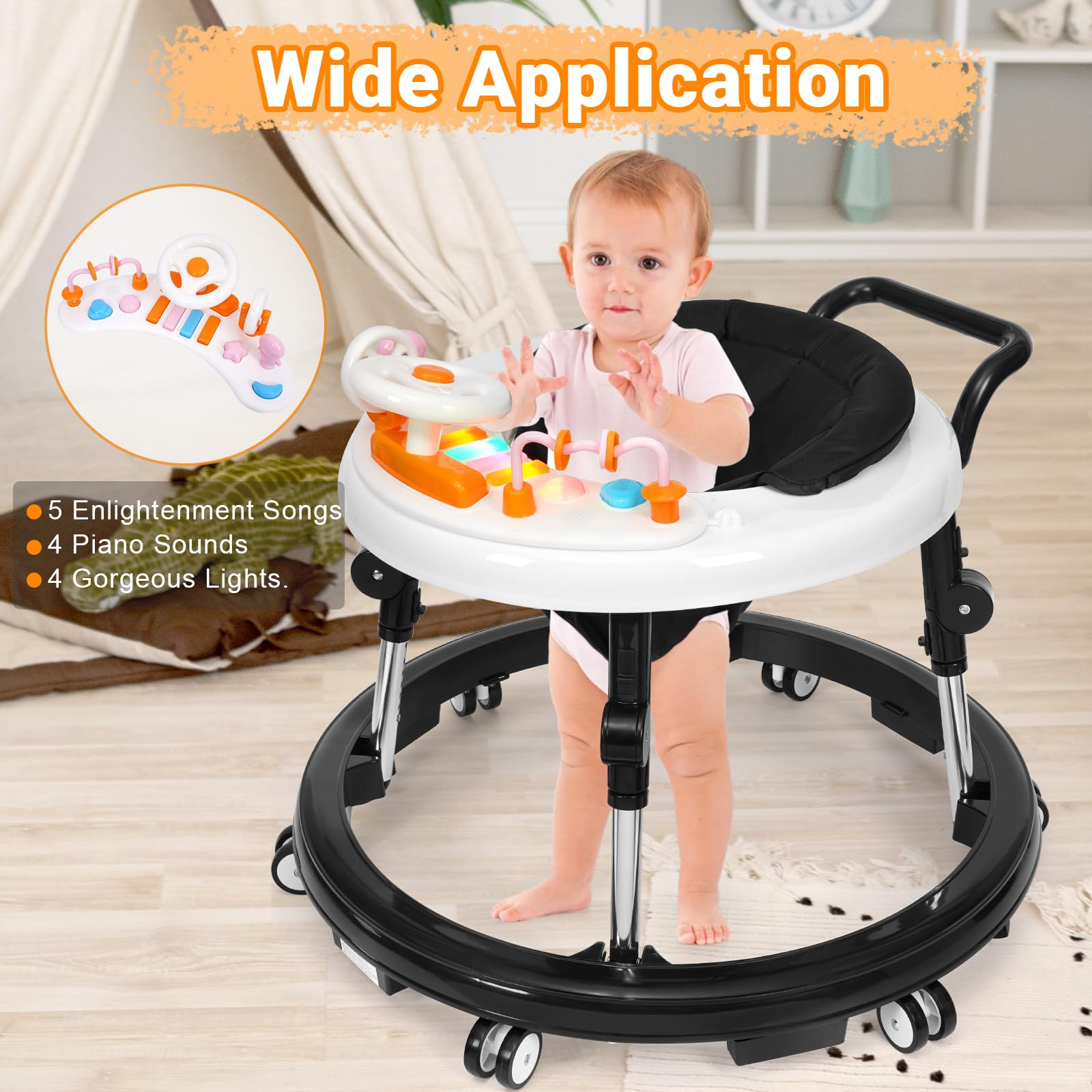 Foldable Music & Lights Baby Walker with 9 Adjustable Heights - Portable Wheeled Activity Center for Boys & Girls 7-18 Months (New Black) - Perfect for Learning to Walk & Indoor Playtime