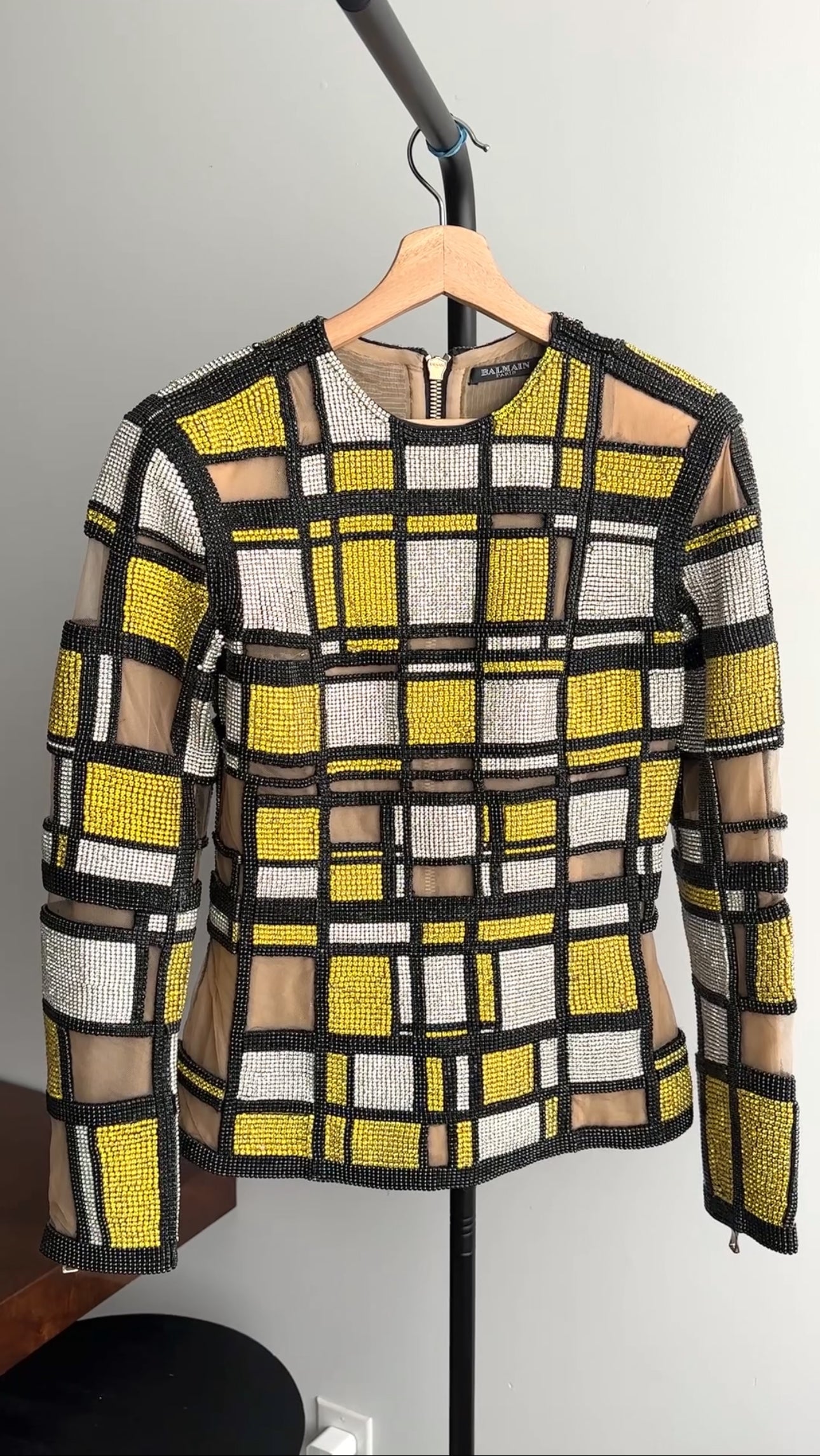 Balmain Black and Yellow Geometric Heavy Crystal Embellished Blouse Top Size FR36/S - Perfect for Evening Parties, Cocktail Events & Luxury Fashion