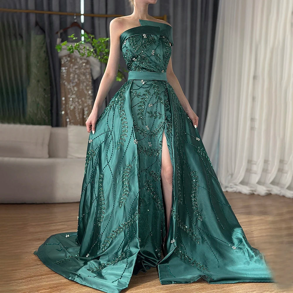 Luxury Dubai Green Arabic One Shoulder Satin Evening Gown Beaded Dress with Overskirt and Split - Elegant Formal Wear for Weddings, Galas & Special Occasions