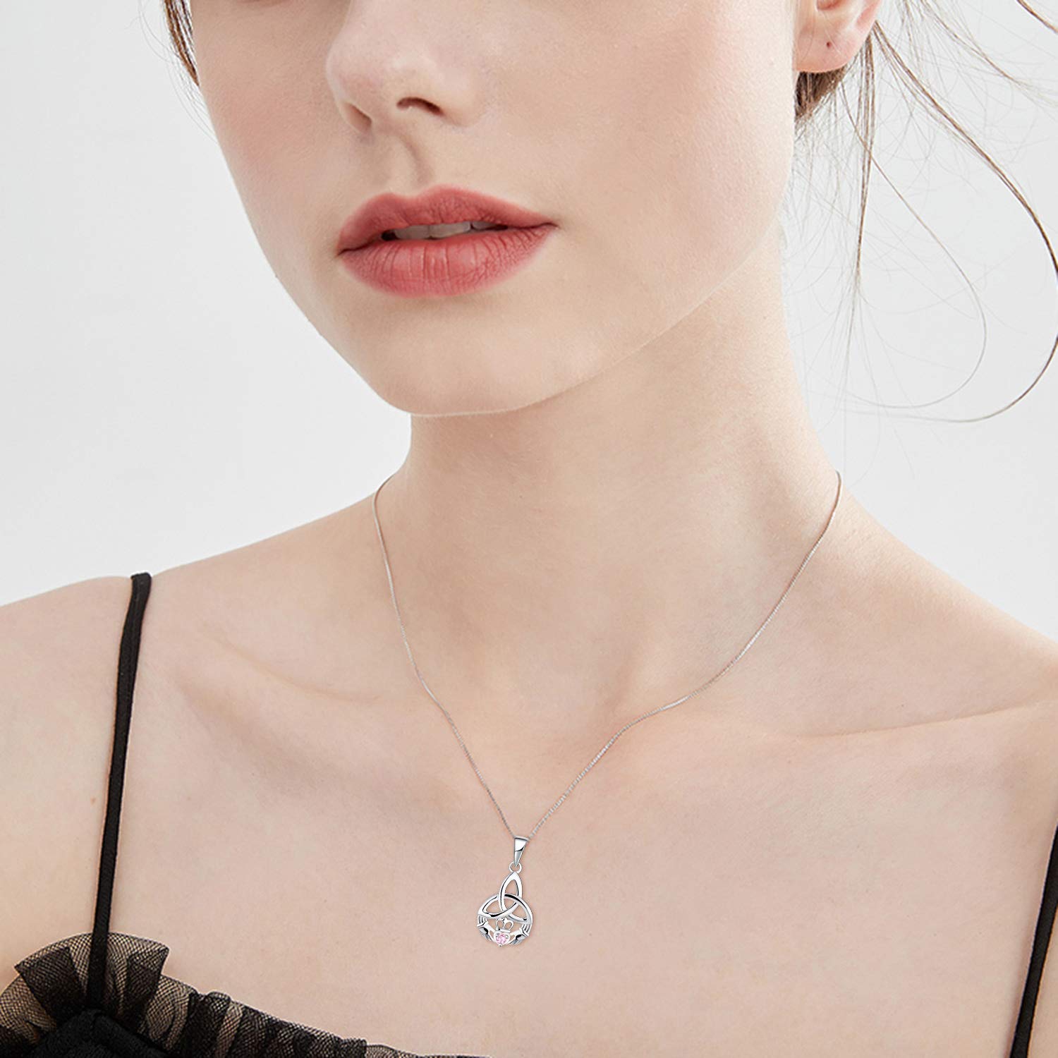 JO WISDOM 925 Sterling Silver Irish Celtic Heart Claddagh Pendant Necklace with Birthstones - Elegant Gift for Women, Anniversary, Valentine's Day & Special Occasions