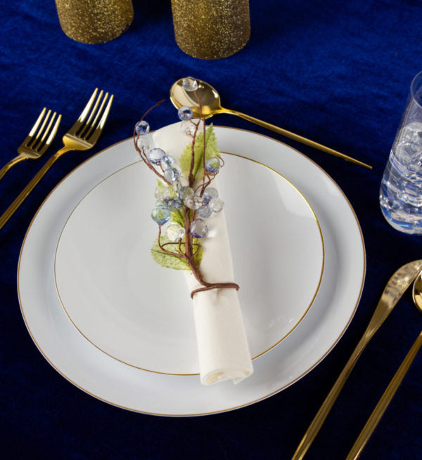 32-Pack White & Gold Round Plastic Dinnerware Set for 16 Guests - Elegant Disposable Plates, Cups, Forks, Knives & Spoons - Perfect for Weddings, Parties, BBQs & Outdoor Events - Eco-Friendly & BPA-Free