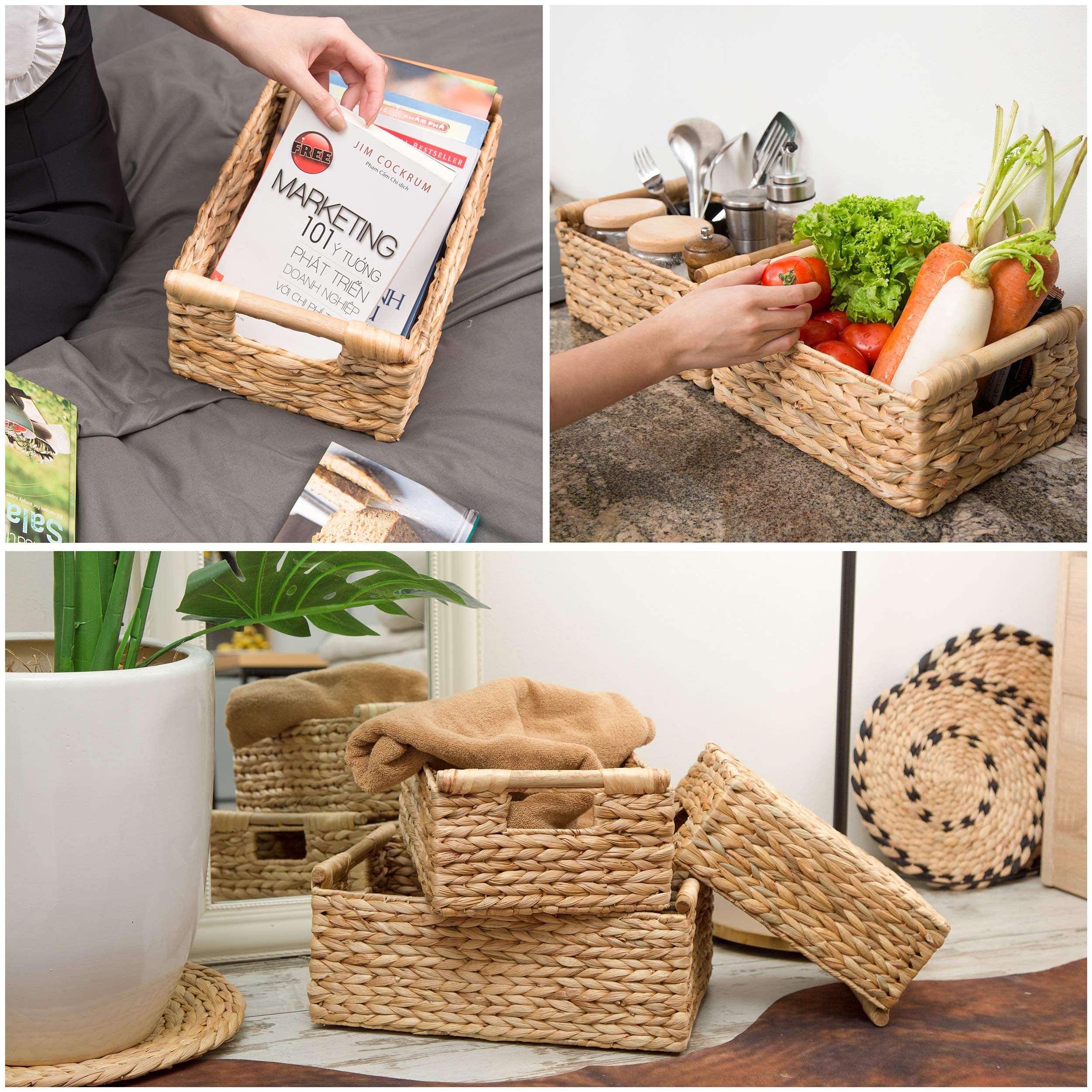 Natural Wicker Storage Baskets with Wooden Handles - Water Hyacinth & Seagrass Rectangular Organizing Bins for Shelves, Closet, and Home Decor | Perfect for Bedroom, Bathroom, and Living Room Storage Solutions