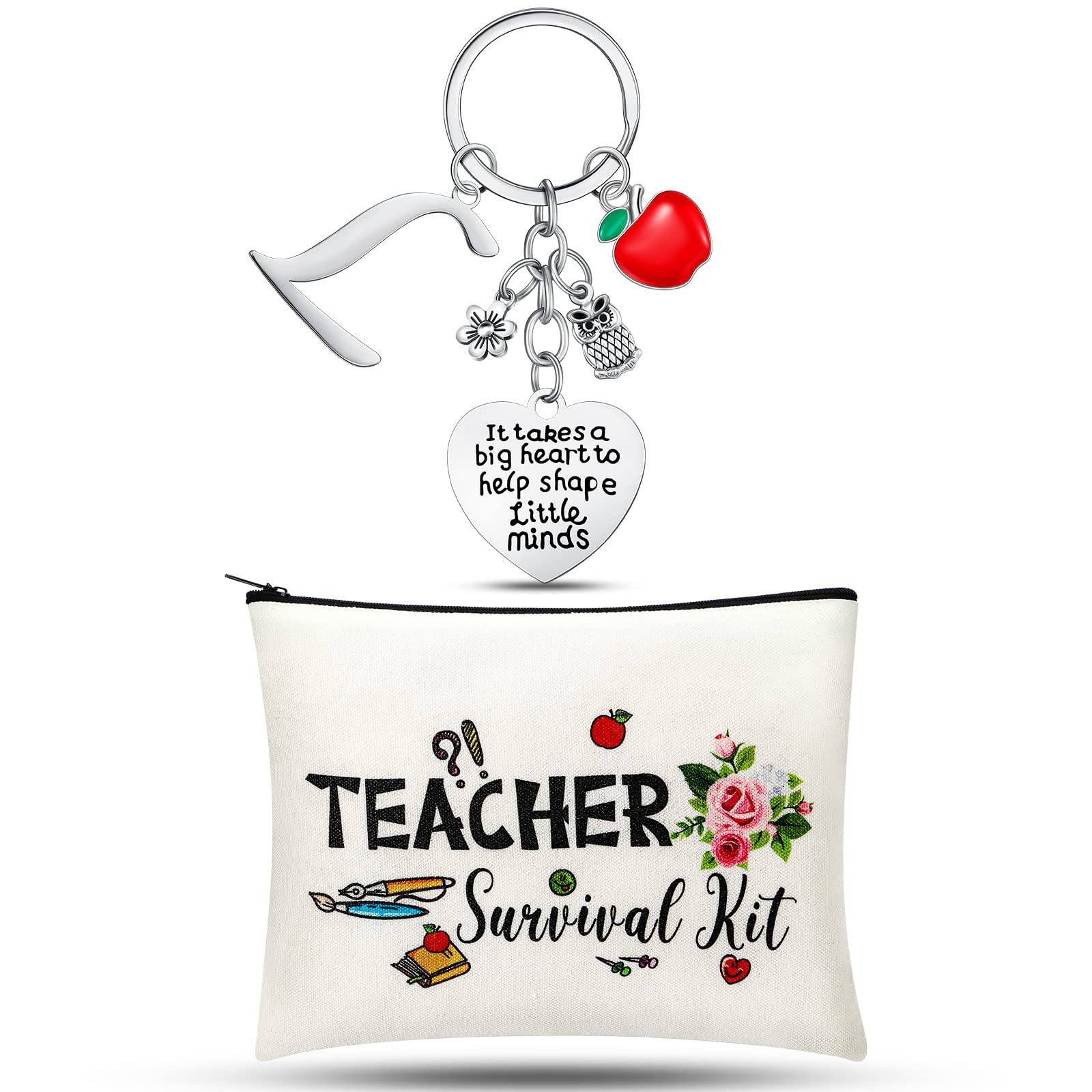 Personalized Teacher Appreciation Gift Set - Custom Initial Keychain & Thank You Makeup Pouch Bag (L Style) - Perfect for End of Year, Christmas, Teacher's Day & Retirement Gifts