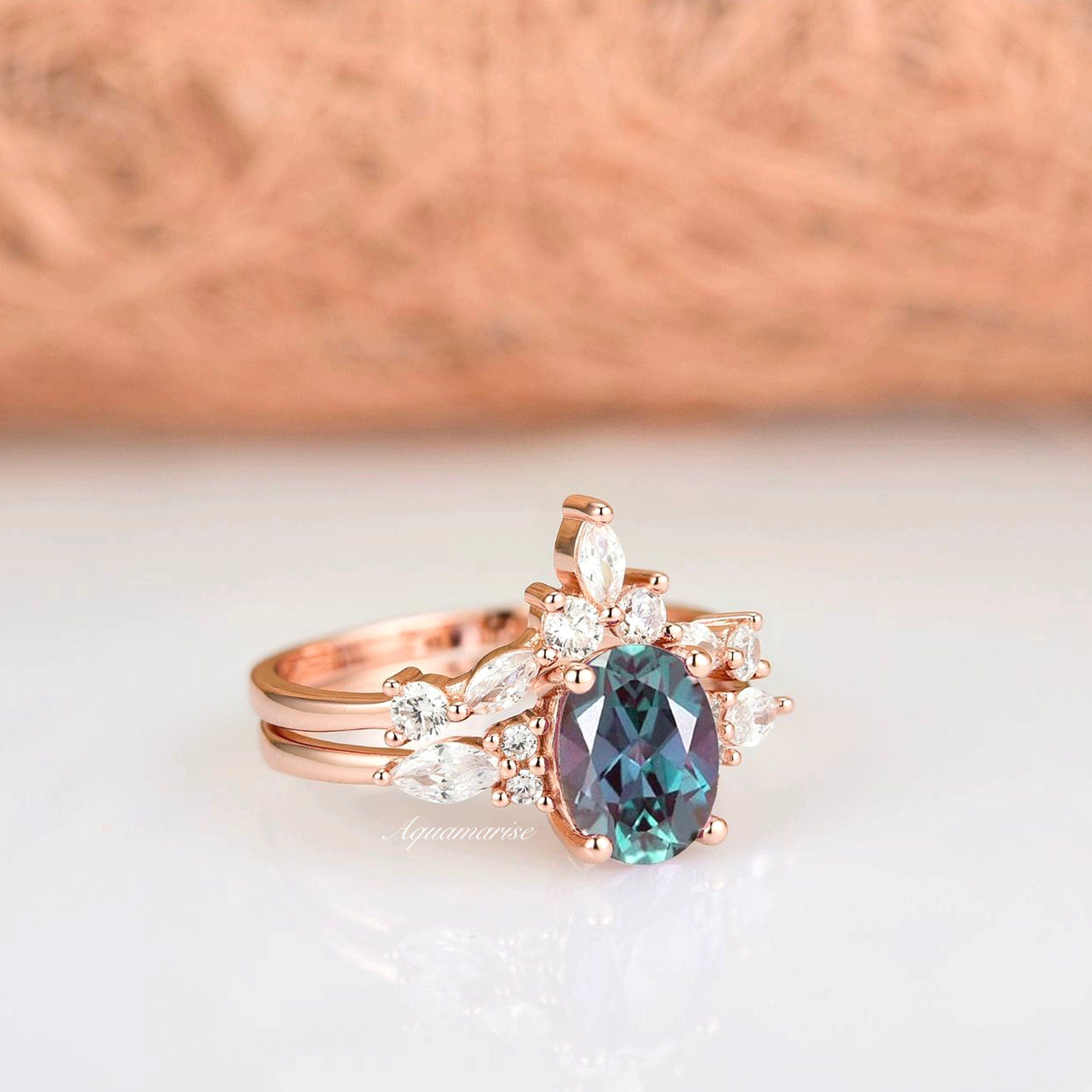 Evelyn Alexandrite Ring Set - 14K Rose Gold Vermeil Jewelry for Women | Perfect for Engagement, Anniversary & Special Occasion Gifts