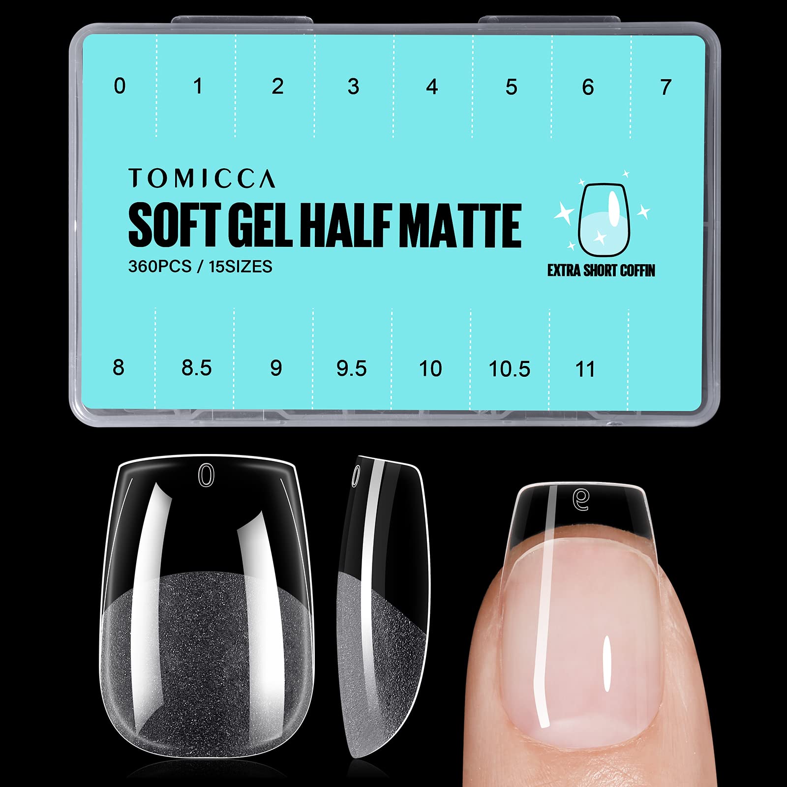 TOMICCA 360Pcs Extra Short Coffin Nail Tips - Soft Acrylic Full Cover Gel Nails for Nail Extension, 15 Sizes Pre-Shaped Half Matte Fake Nails for Beginners DIY & Salon Use - Perfect for Home Manicures, Nail Art & Professional Nail Extensions