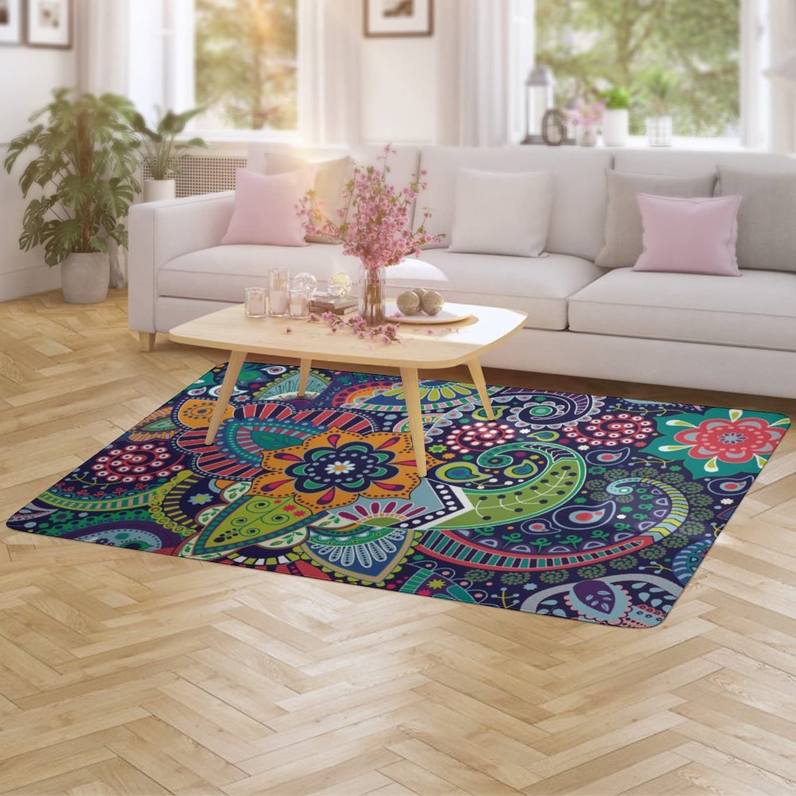 Boho Paisley Floral Aztec Kids Rug - Non-Slip Foldable Area Carpet 5x6.5ft for Girls Teen Room Decor - Perfect for Bedroom, Living Room, Nursery, Playroom, Dorm & Dining Room Floor Mat