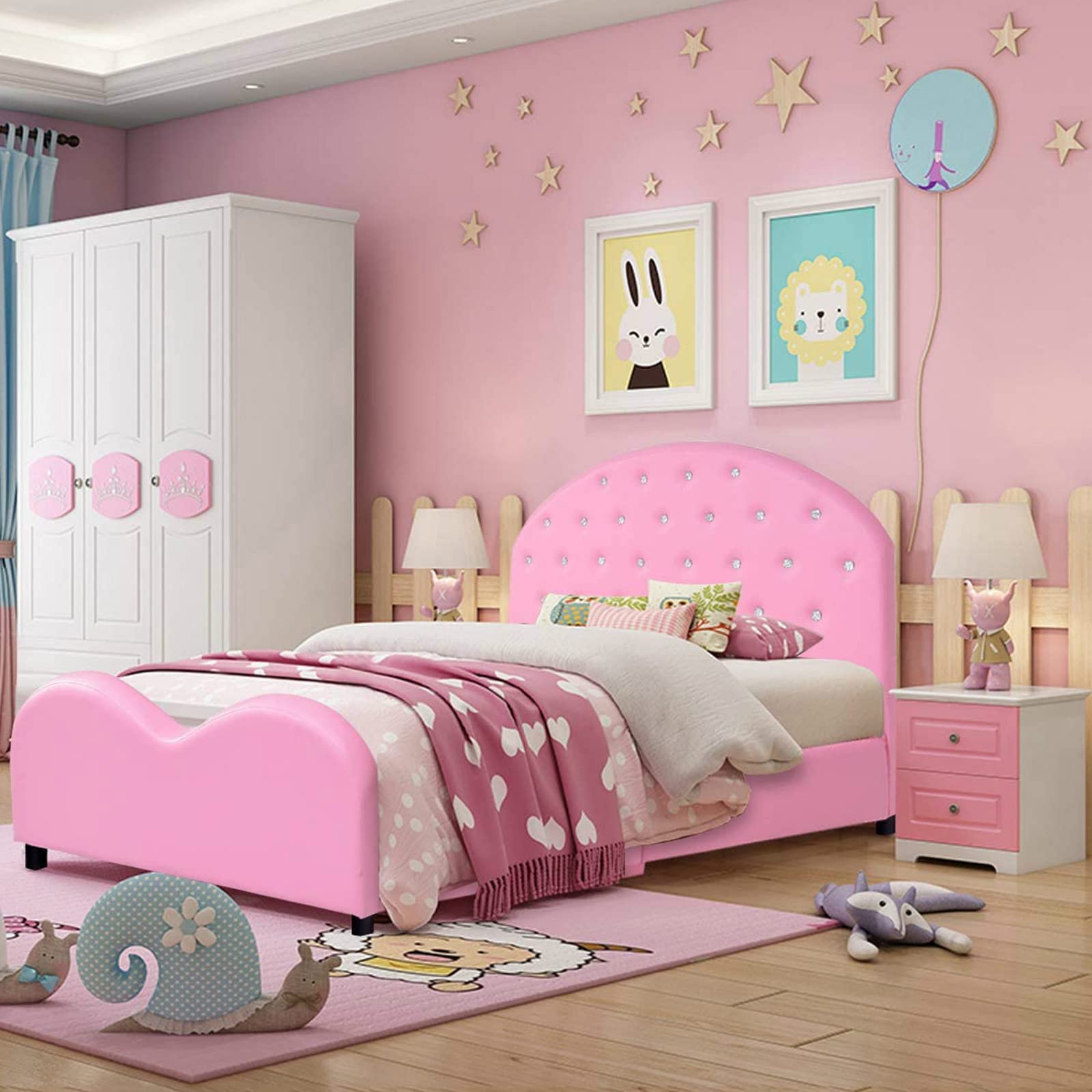 INFANS Twin Size Kids Bed with Headboard - Upholstered Toddler Bed Frame for Girls & Boys, Princess Style Children's Bedroom Furniture for Baby & Toddler | Perfect for Nursery, Bedroom & Sleepovers