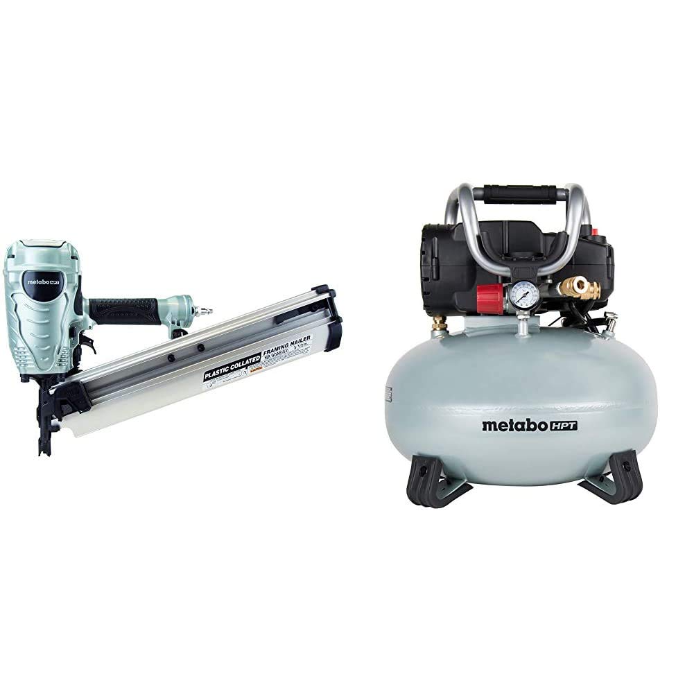 Metabo HPT NR90AES1 21° Full Round Head Framing Nailer with Pancake Air Compressor Kit - Professional Pneumatic Nail Gun for Wood Framing, Roofing, Decking & Construction Projects