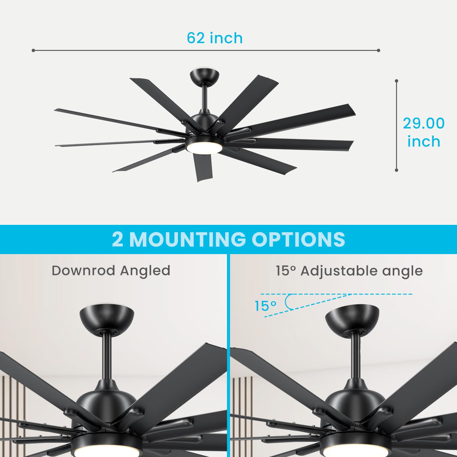 62 Inch Black Outdoor Ceiling Fan with Lights & Remote Control - 9 Blade Reversible DC Motor, Dimmable LED Light - Perfect for Bedrooms, Patios & Covered Porches