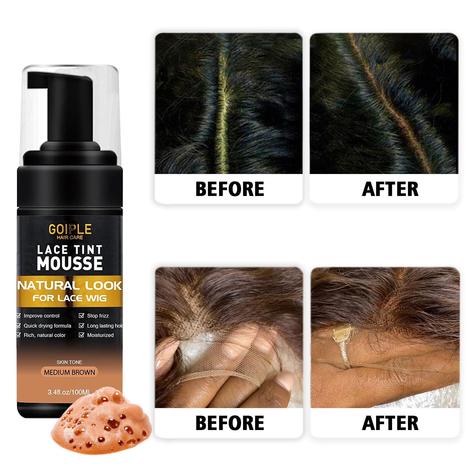 Lace Tint Lace Melting Hair Mousse for Wigs & Hairpieces - Natural Finishing Tint Spray Tool Set (Medium Brown) | Perfect for Seamless Wig Blending & Everyday Styling