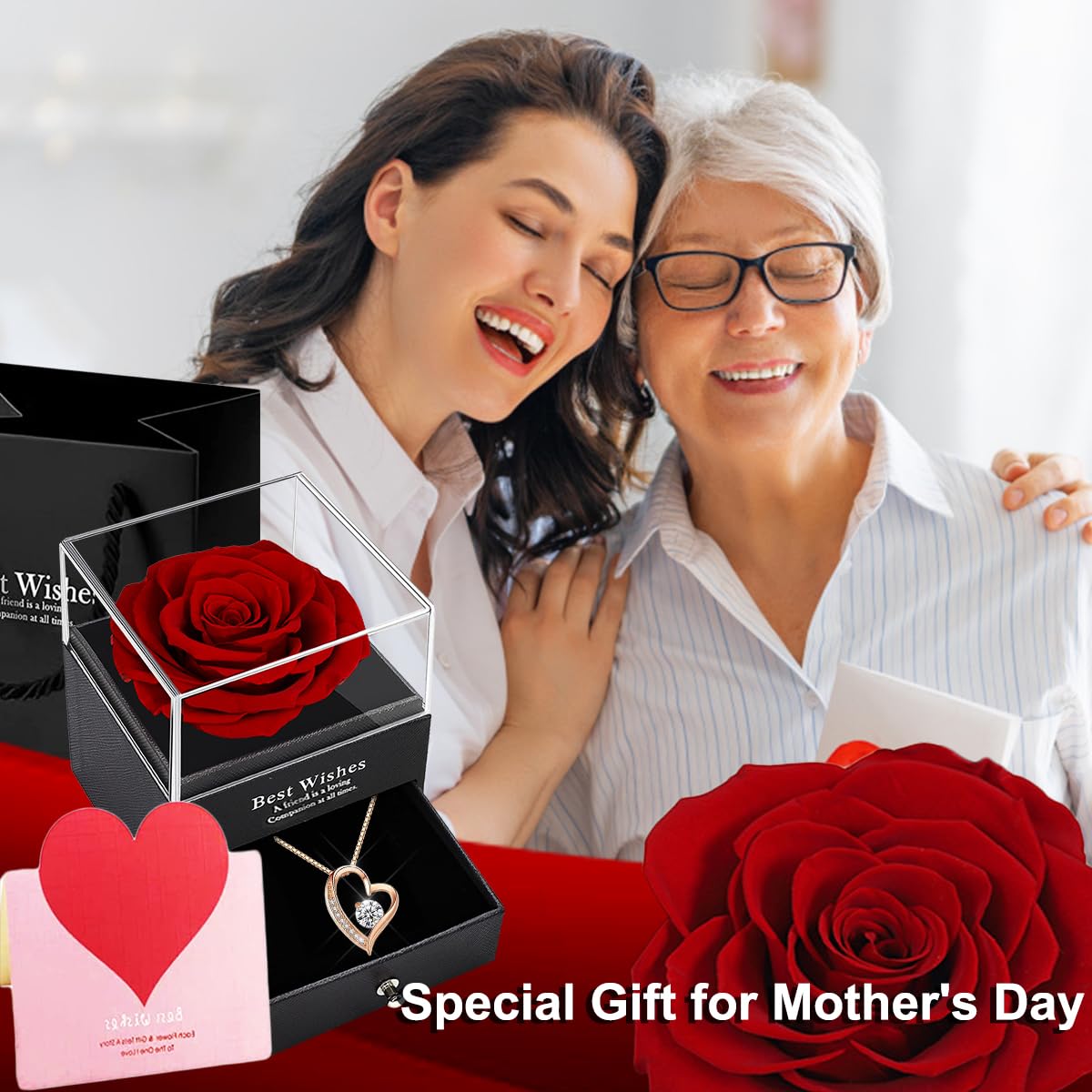 SWEETIME Eternal Rose Gift Box with 925 Sterling Silver Heart Necklace - Preserved Real Roses Jewelry Set for Women, Romantic Anniversary & Valentine's Day Present - Perfect for Birthday Surprise, Wedding Proposal & Romantic Date Night
