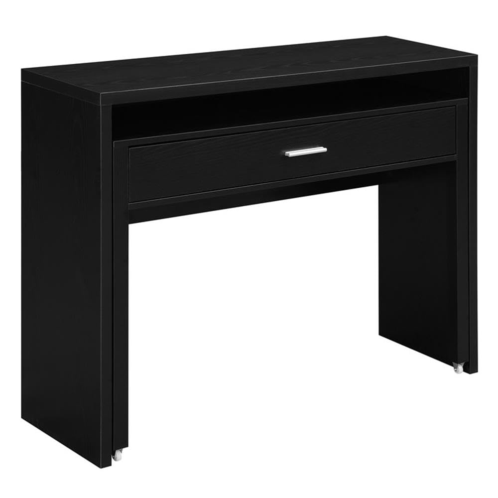 Modern Black Wood Console Desk with Sliding Drawer & Riser - Stylish Home Office & Living Room Furniture for Workspace Organization