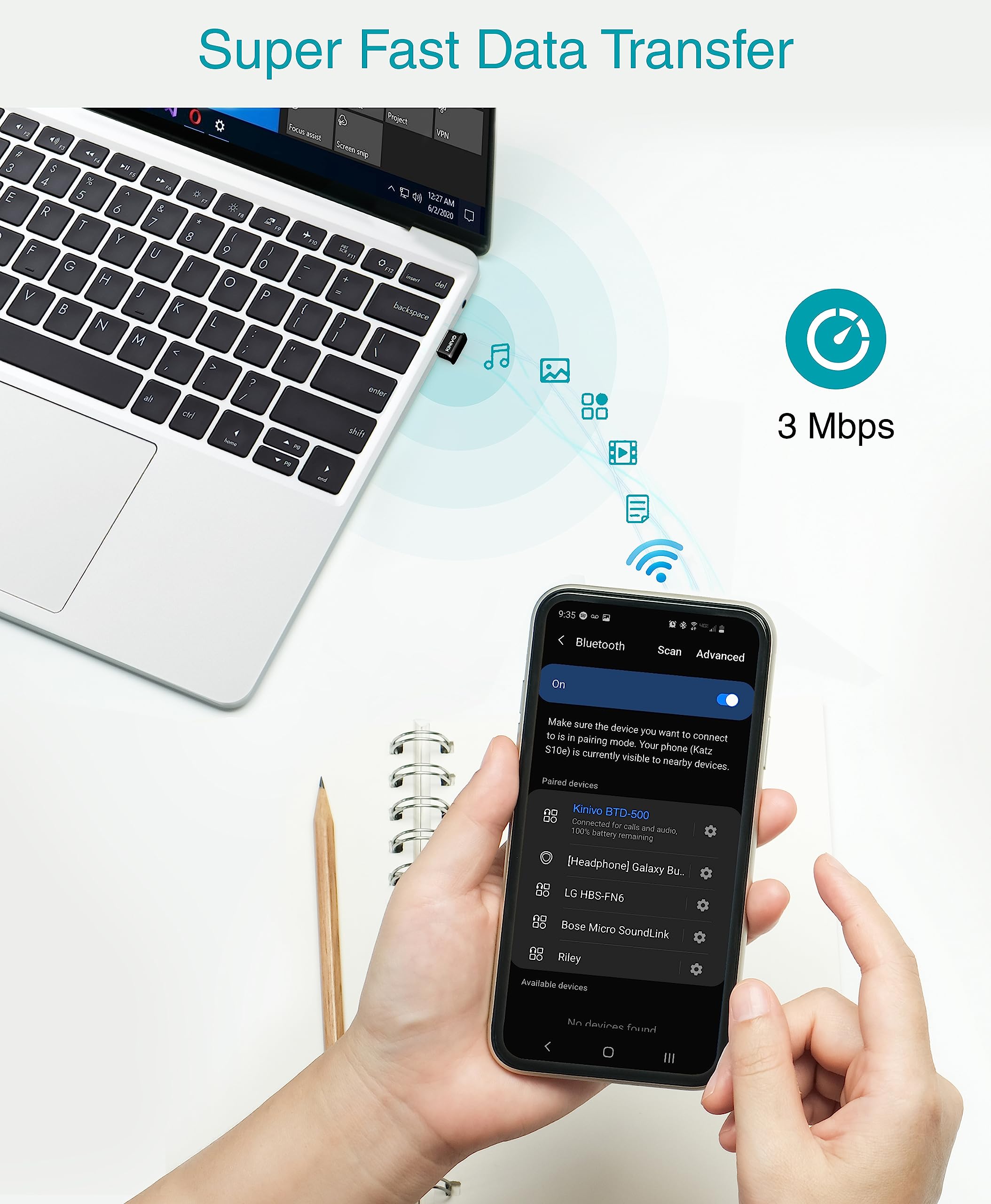 Kinivo BTD500 Bluetooth 5.0 USB Adapter for PC - Wireless Dongle Receiver Compatible with Windows 11/10/8.1/8, Laptops, Headsets, Speakers, Mouse, Keyboard & Printers | Plug & Play for Wireless Audio, Gaming & Office Setup